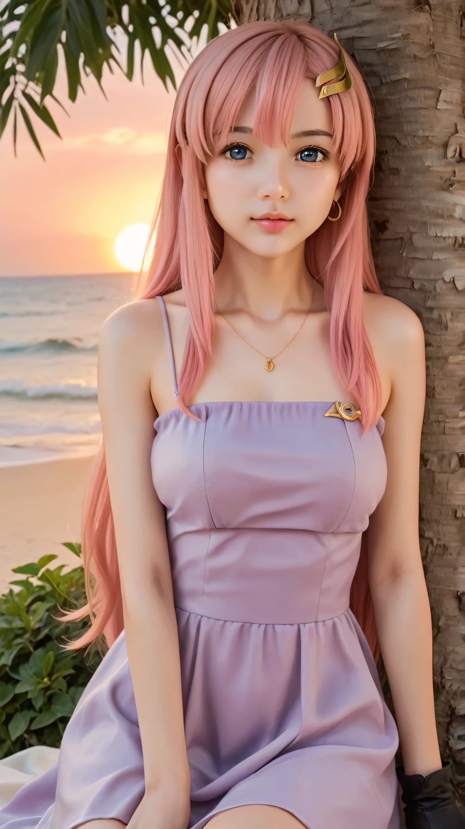 1girl, solo,lacus clyne,pink hair,very long hair,outdoors,potrait,beach background,medium breast,gold hair clip,dark blue eyes,hair ornament,front view,sitting under tree,front view,looking at viewer, sunset,(sunset light:1.5),black glove,(tube dress:1.5)