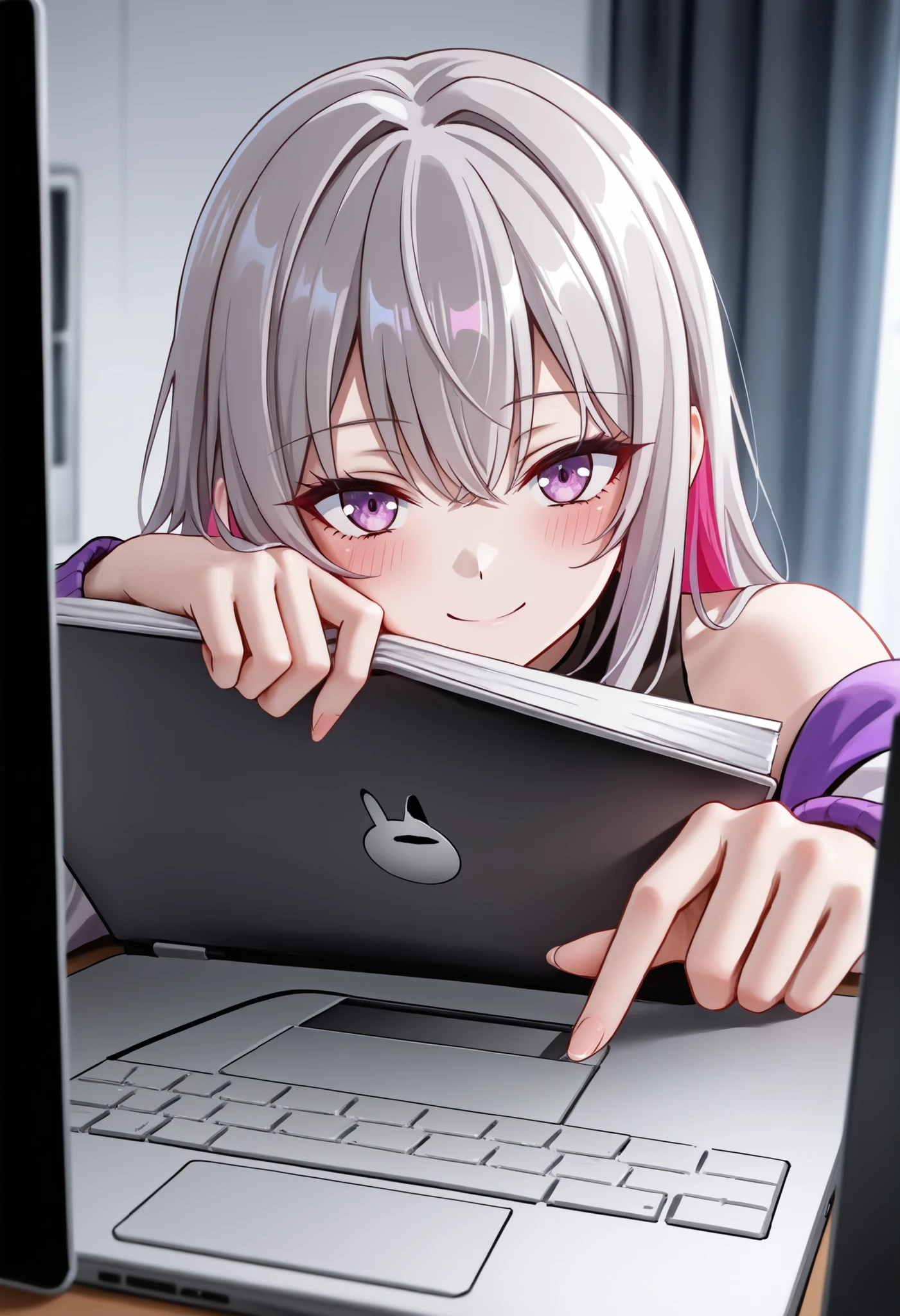 In a brightly colored anime-style picture,The girl is peeking out of her upper body from the laptop screen,Confident smiles on their faces,One hand makes Biya's movements。the notebook is placed on a light gray desktop