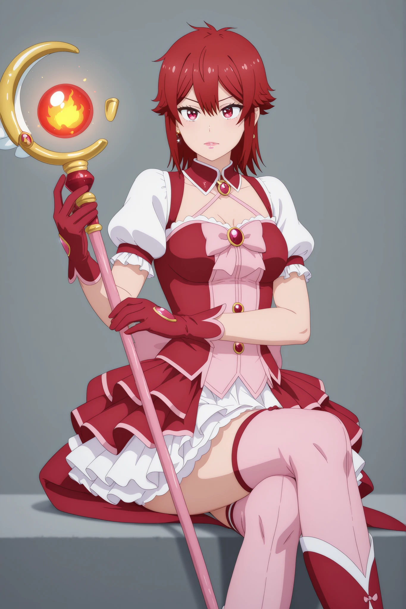 Tomo Aizawa , medium hair, red hair, medium breasts, earrings, pink lips , fire red eyes, muscle body, | solo, 1girl, magical girl outfit, puffed sleeves, layered skirt, thighhighs, gloves, bow, magical staff, sitting, legs tucked, amused expression, bright gaze, whimsical pose,