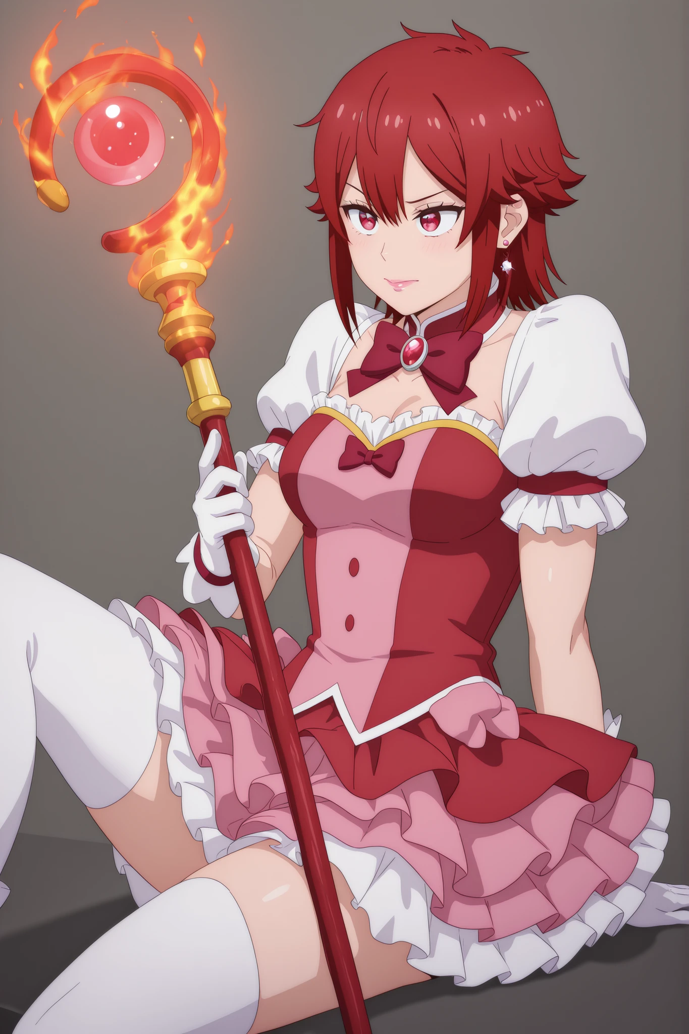 Tomo Aizawa , medium hair, red hair, medium breasts, earrings, pink lips , fire red eyes, muscle body, | solo, 1girl, magical girl outfit, puffed sleeves, layered skirt, thighhighs, gloves, bow, magical staff, sitting, legs tucked, amused expression, bright gaze, whimsical pose,