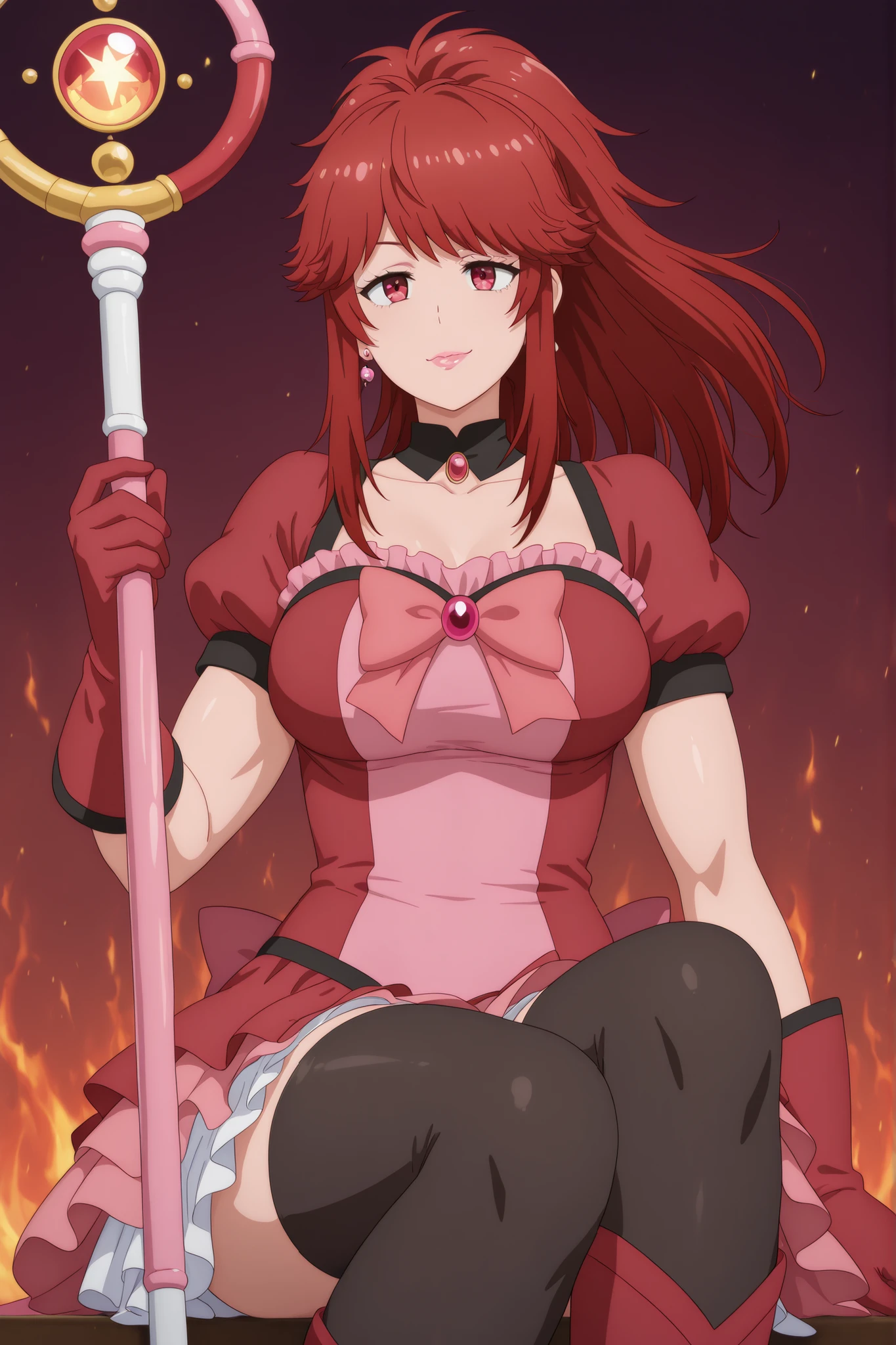  Akemi Aizawa, long hair, ponytail, fringe, red hair, , earrings, pink lips , fire red eyes, muscle body, | solo, 1girl, magical girl outfit, puffed sleeves, layered skirt, thighhighs, gloves, bow, magical staff, sitting, legs tucked, amused expression, bright gaze, whimsical pose,
