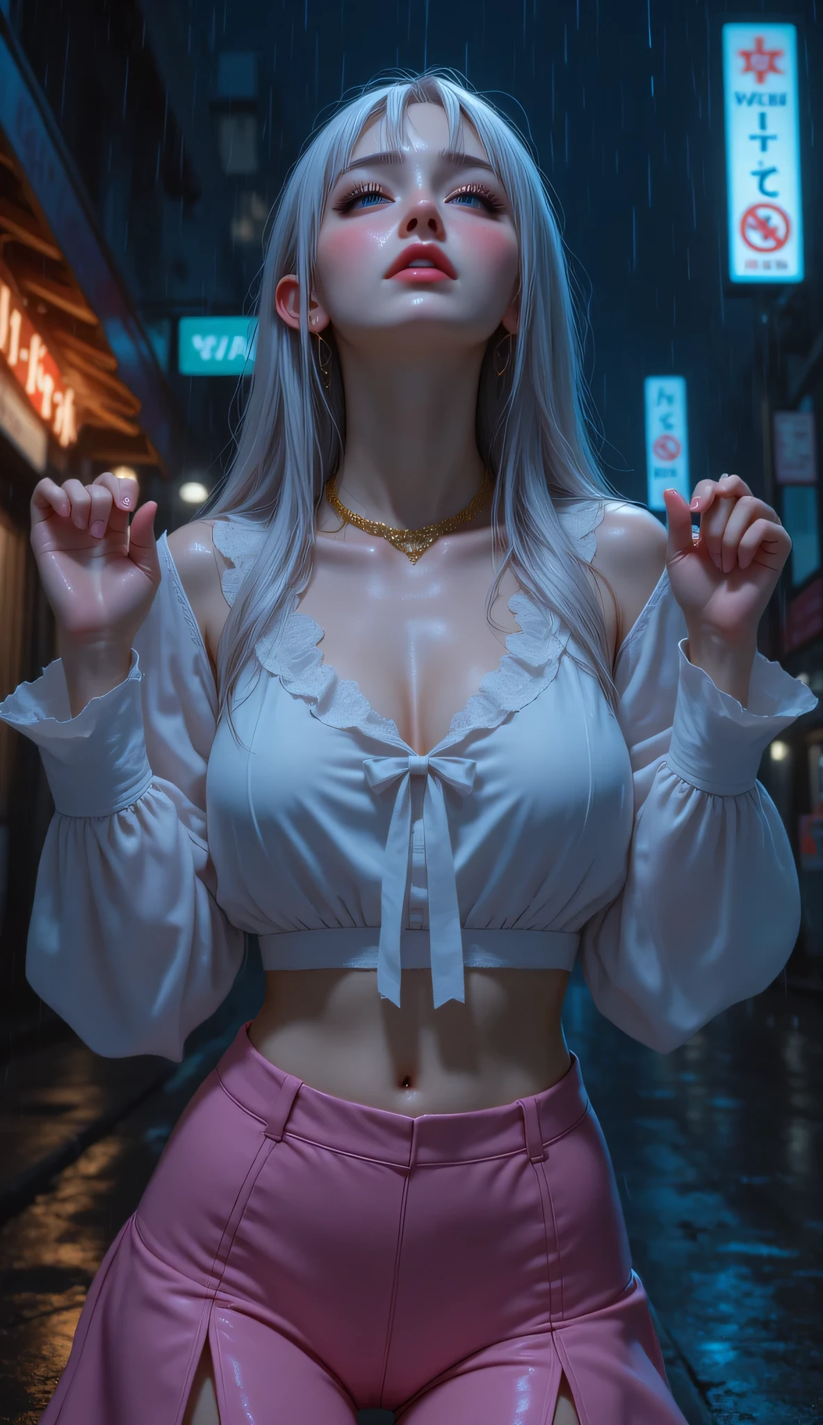 photorealistic, high resolution, soft light,1women, solo, hips up, (detailed face),tattoo, jewelry, night city, police uniform, white hair
