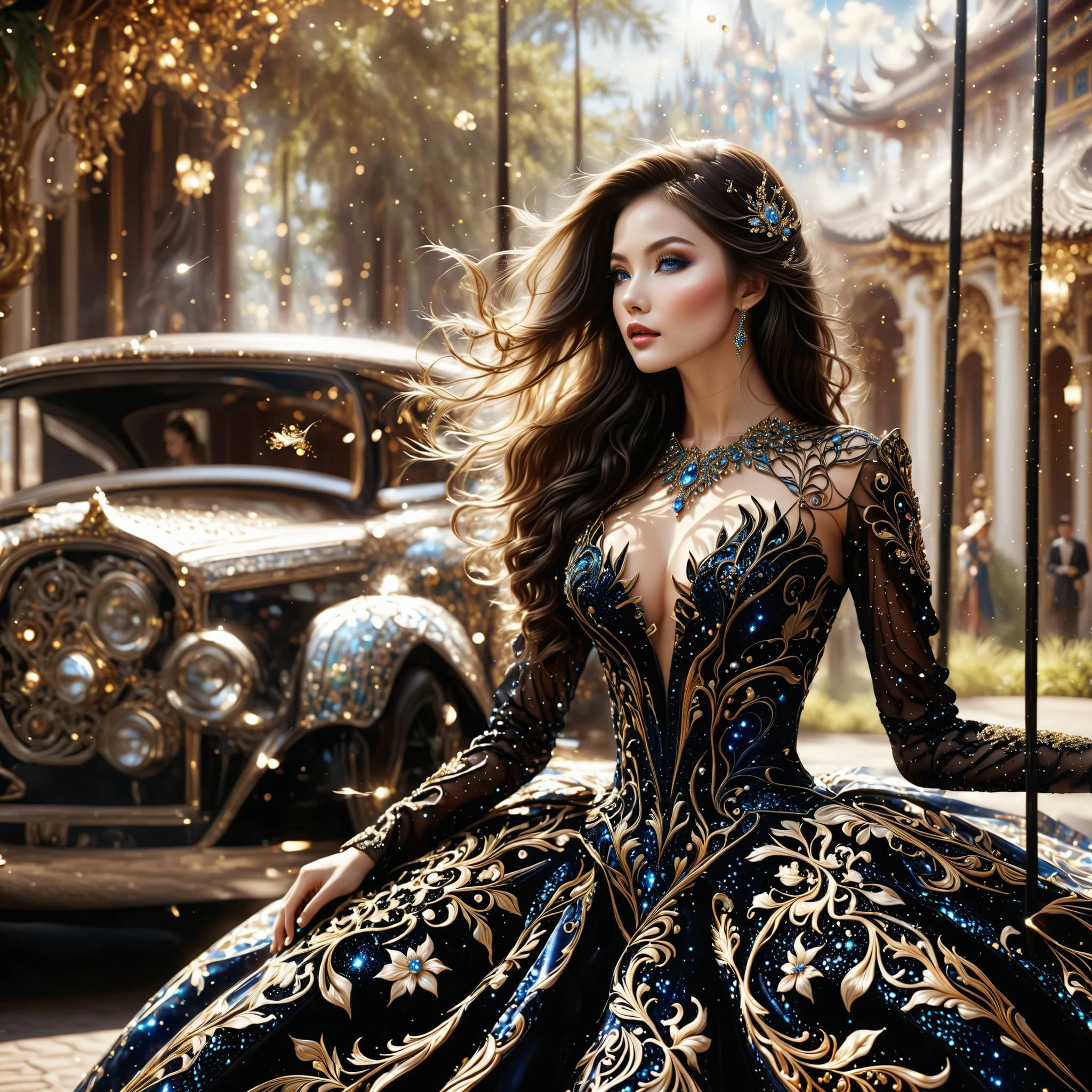 (Extreme HDR) (brightness FX) Photo of an asian woman gigantic Breast 'white skin' with long hair flowing in the wind, wearing a black batik patterned costume, a V-cut strapless corset style batik dress made of carbon patterned satin, a very narrow and stiff V-cut waist decorated with blue jewels, a luxurious long skirt, looks beautiful and stunning, very realistic and detailed, with a royal palace in the background, sitting on a swing, behind it is a black classic car. hyper realistic, hyper detail clothing, Detailed gemstones, masterpiece, best quality:1.2),,(8k,highres,RAW photo,realistic,photo-realistic:1.3),(detailed skin texture,detailed cloth texture, beautiful detailed face:1.25),professional lighting,photon mapping,beautiful soft light,radiosity,physically-based rendering,raytracing, model shoot style, model shoot style, (extremely detailed CG unity 8k wallpaper), full shot body photo of the most beautiful artwork in the world (NSFW), (Nude), (Naked), (carbon fiber corset) (green veiny breast) (steampunk corset) (glowing dress)