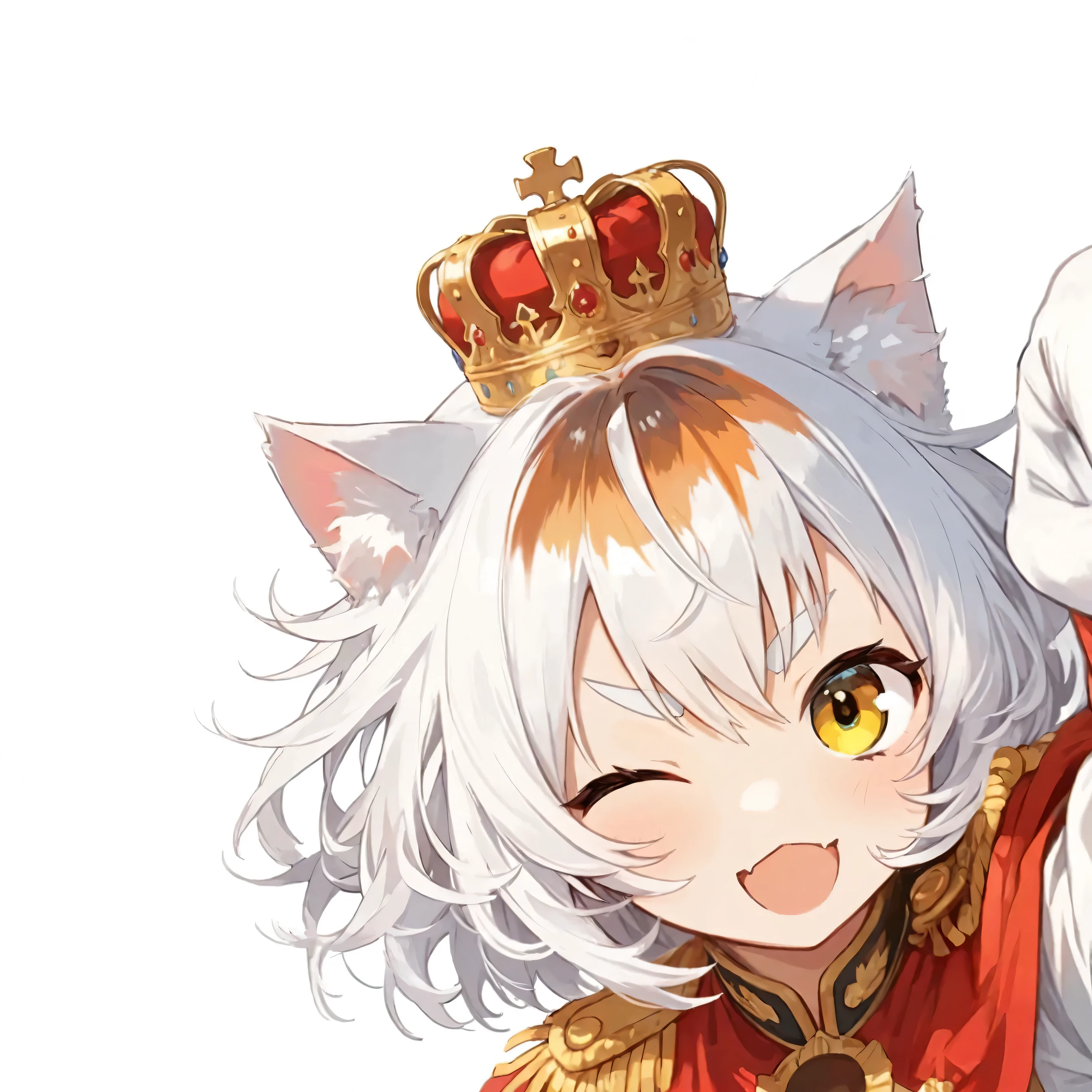 masterpiece, best quality, beautiful and highly detailed anime illustration, cute cat girl with white hair and brown patches, winking, yellow eyes
