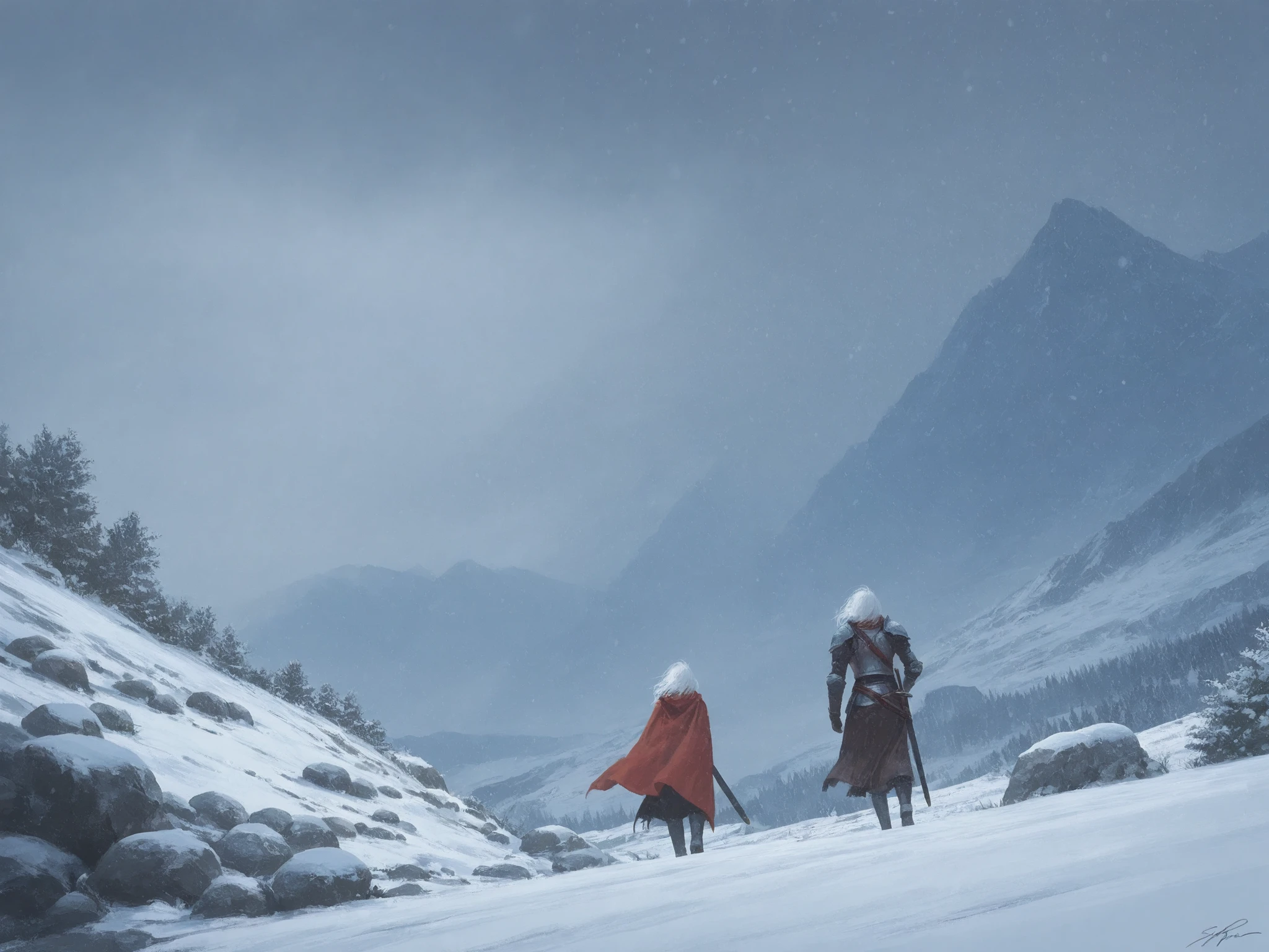 1girl, white hair, armor, cape, red cape, scabbard, sheath, from behind,
ruins, rock, bush, mountain, snow, snowing, storm, ice, winter, landscape, doorway, scenery, painterly, signature,
dynamic angle, distant view, windy