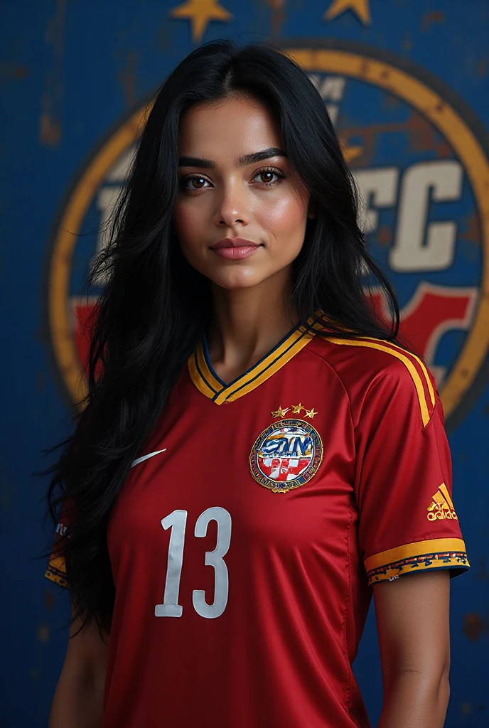 1girl in, 30 years old, Square face, Long hair, Looking at the viewer, jewelry, Realistic, , soccer team outfit, field background - stadium - stands, freestyle pose
