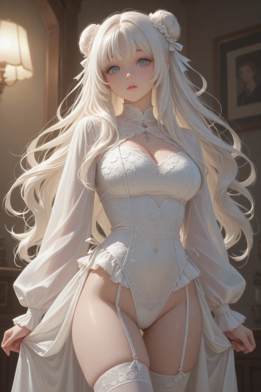 (lace, lace-trim, white elbow gloves, white bow bra, white thighhighs, bare shoulders, thighs, underwear only, bow panties, white choker, g-string, thong:1.4), cleavage, (orange eyes, long white hair, swept bangs, messy hair:1.4), (pink lips, hair flower, pink flower, makeup:1.2), 1girl, thigh gap, ((outdoors, hills, grass, leaves, blue sky, sun, flowers)), (arms by side1.2), (((white garter straps, white garter belt:1.2))), (white skin)