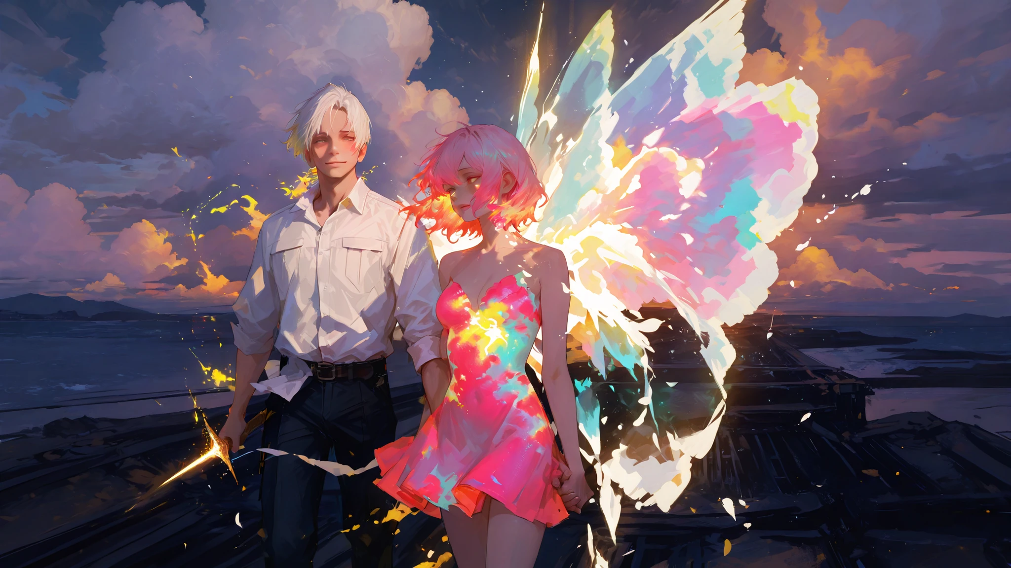  on the left man,masculine gender, very charismatic and brutal man , Alpha male, on the left, the girl, Better quality, Ultimate Quality, appearance does not change, more details, rich colors,glowing textures, extremely detailed, High detail, Better quality, High quality, more details, realistic hair, realistic eyes, rich bright colors, combat readiness, glowing textures, Appearance does not change, thick clouds  , bright and beautiful paint, clearer faces, very detailed faces both characters,so that nothing is smeared,have a gorgeous couple of man and woman standing holding hands 
