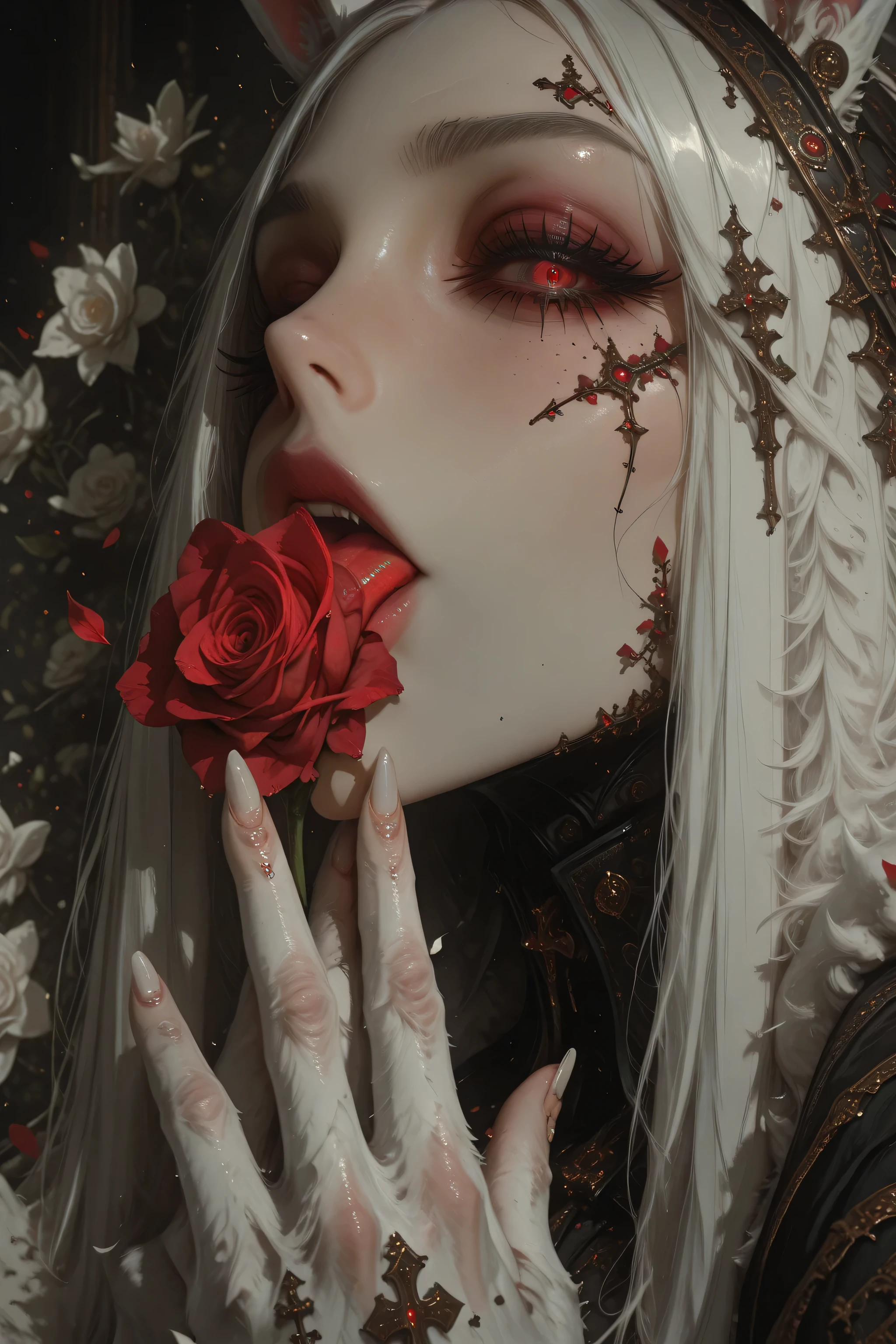 (EyesHD:1.2), (4k,8k,Ultra HD), masterpiece, best quality, ultra-detailed, very aesthetic, sharp focus, depth of field, ray tracing, best lighting, detailed illustration, detailed background, cinematic, beautiful face, beautiful eyes,
BREAK
ambient occlusion, raytracing, soft lighting, absolutely eye-catching, intricate cinematic background,
BREAK
8K, illustrating, CG, clear skin, ultra-detailed-eyes, detailed background, cute girl, eyelashes
BREAK
Wererabbit, rabbit ears, floppy ears, animal ears, white fur, red eyes, leg-fur, fluffy legs,
BREAK
(qiandaiyiyu:0.85), (soleil \(soleilmtfbwy03\):0.6), (godiva ghoul:0.65), (anniechromes:0.5),
floral background, rose \(flower\), petals, hands up, eyeS focus, super close, from side, look at viewer, white nails, eating peach,
BREAK
(rella:1.2), (redum4:1.2) (au \(d elete\):1.2) (dino \(dinoartforame\):1.1), wlop, cinematic, epic,