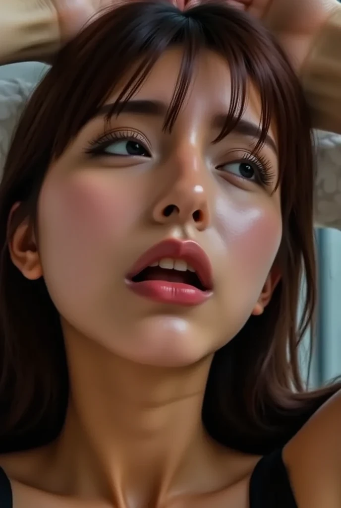 masutepiece,,award - winning photo, Extremely detailed, edgOrgasm,Face Focus, Face Close-up、Woman with mouth open and eyes closed , Woman with Edge _Face、30-years old、A dark-haired、 News Anchor、Glossy skin、In the car、,