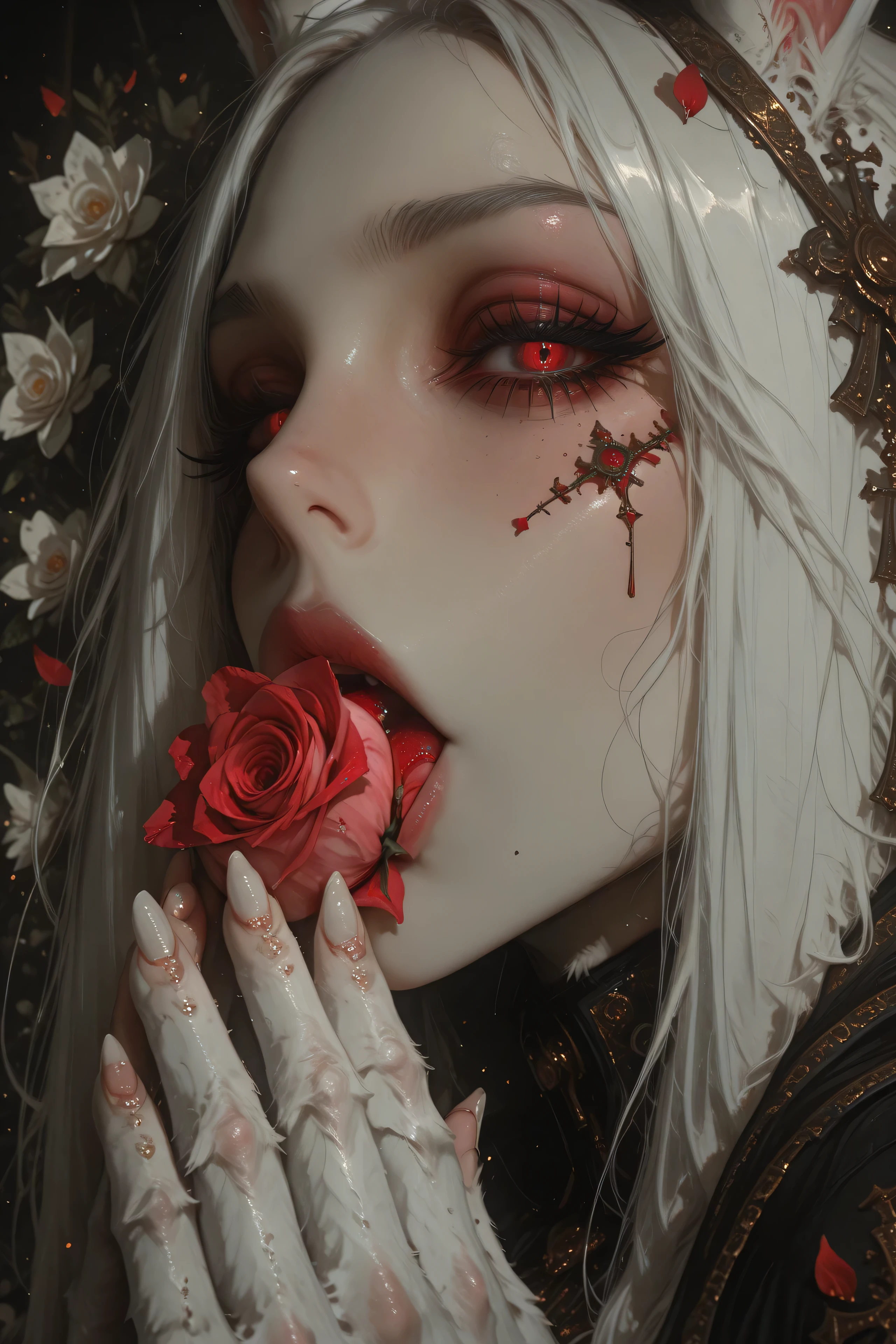 (EyesHD:1.2), (4k,8k,Ultra HD), masterpiece, best quality, ultra-detailed, very aesthetic, sharp focus, depth of field, ray tracing, best lighting, detailed illustration, detailed background, cinematic, beautiful face, beautiful eyes, 
BREAK
ambient occlusion, raytracing, soft lighting, absolutely eye-catching, intricate cinematic background, 
BREAK
8K, illustrating, CG, clear skin, ultra-detailed-eyes, detailed background, cute girl, eyelashes
BREAK
Wererabbit, rabbit ears, floppy ears, animal ears, white fur, red eyes, leg-fur, fluffy legs, 
BREAK
(qiandaiyiyu:0.85), (soleil \(soleilmtfbwy03\):0.6), (godiva ghoul:0.65), (anniechromes:0.5), 
floral background, rose \(flower\), petals, hands up, eyeS focus, super close, from side, look at viewer, white nails, eating peach,
BREAK
(rella:1.2), (redum4:1.2) (au \(d elete\):1.2) (dino \(dinoartforame\):1.1), wlop, cinematic, epic,