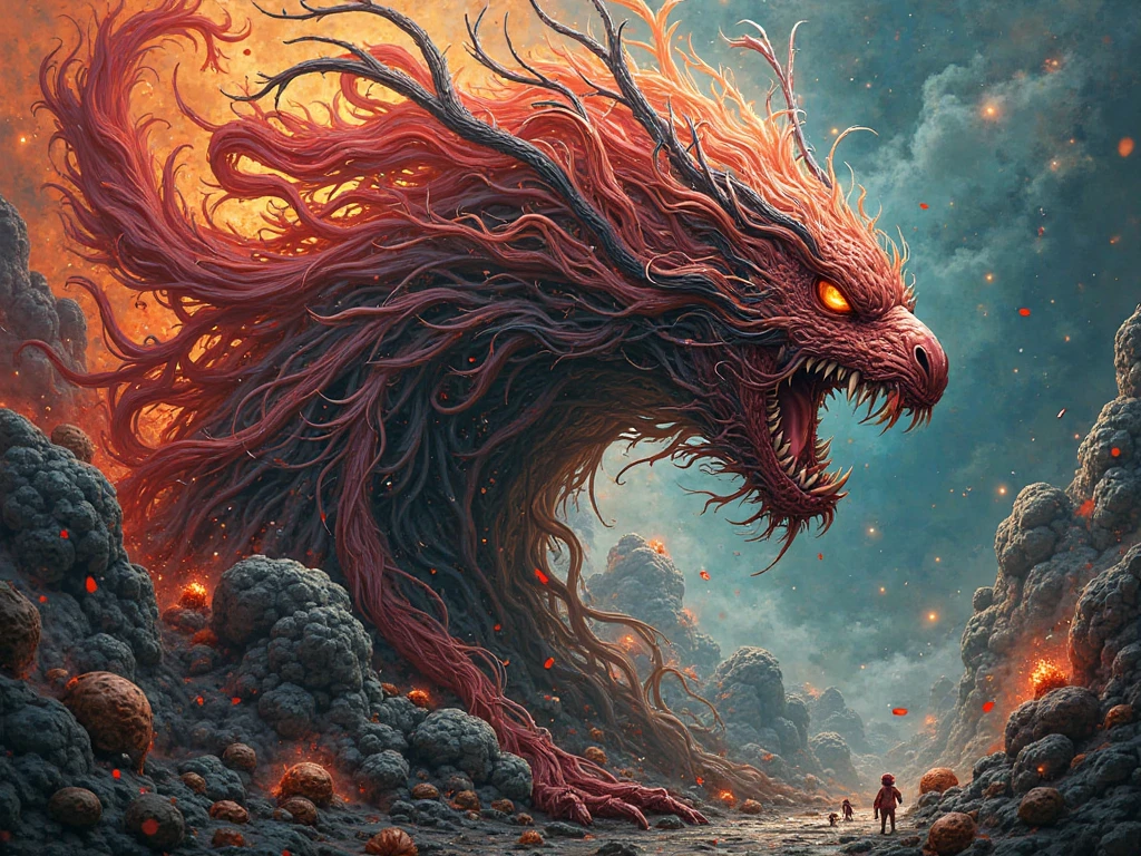 (best quality,highres,ultra-detailed),alien creature portrait,octopus-like,large size,beach landscape,alien green water sea,five glowing eyes,spiky tentacles,colorful scabrous skin,red sky,portrait,horror,concept artists,vivid colors,sharp focus,studio lighting