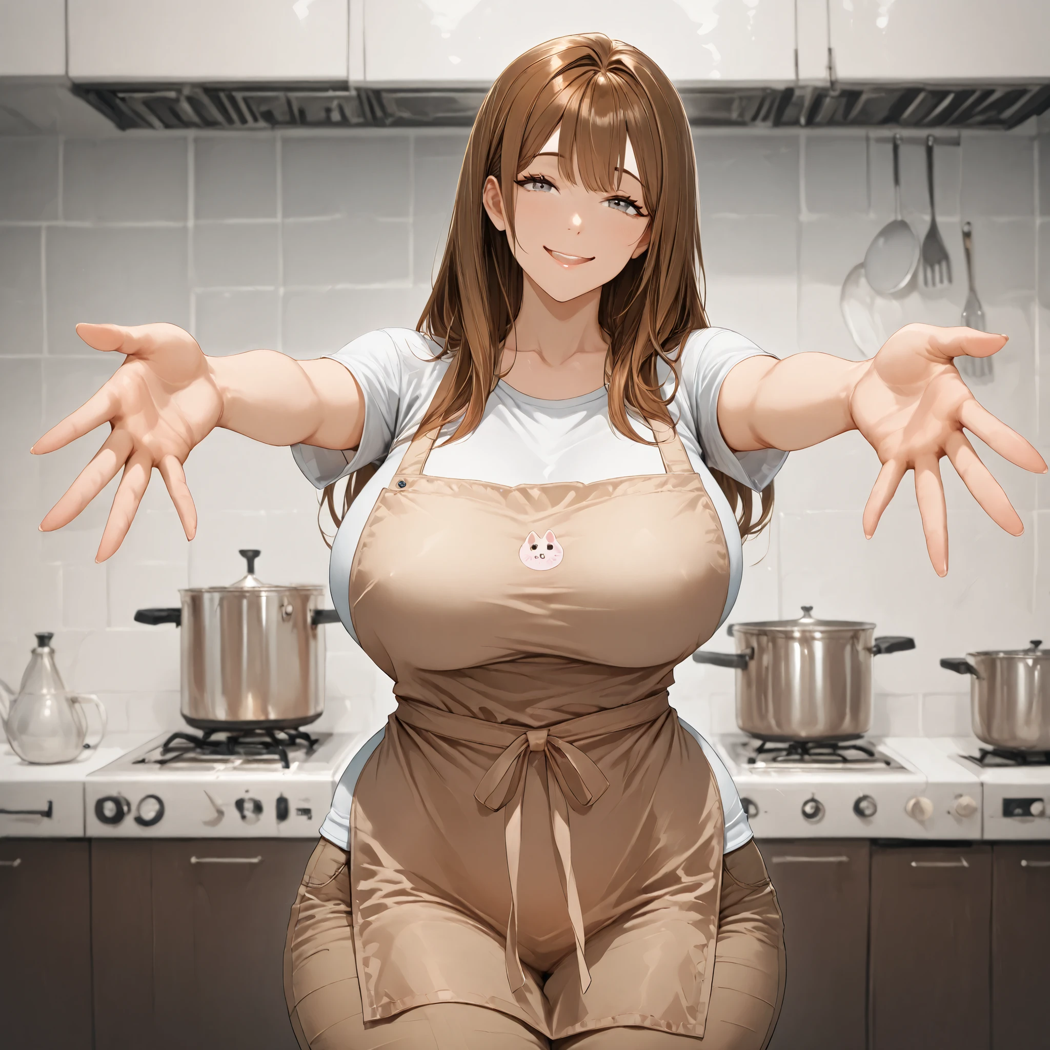 handfixer, (ultra quality:1.3), masterpiece, (highly detailed), HDR, 1girl, solo, milf, long straight brown hair, gray eyes, little make up, big smile, white t-shirt, brown pants, apron, incoming hug, big breasts, wide hips, expensive kitchen background