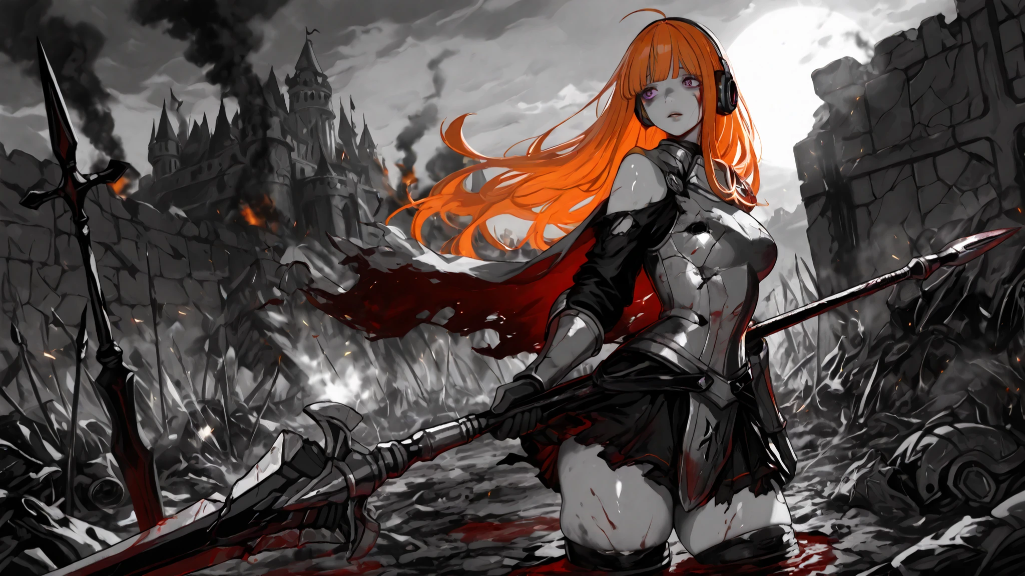 masterpiece, ultra highres, best quality, 1 girl, Futaba Sakura, battle-scarred warrior, standing tall despite exhaustion, bloodied armor with proud bearing, determined purple eyes with thousand-yard stare, orange hair wild and partially undone, blood-stained face, armor covered in mud and enemy blood, standing pose, spear planted firmly in ground, both hands resting on spear pommel, shoulders slightly slumped from fatigue, damaged armor showing through gaps, torn cape billowing slightly, dented segmented skirt plates with dried blood, post-battle field, corpses and broken war machines, burning wreckage, ravens circling overhead, battlefield smoke, broken castle walls in background, setting sun casting long shadows, victory flags beginning to rise, dramatic sunset lighting through smoke, rays highlighting armor, somber atmosphere, detailed battle aftermath, realistic combat damage, blood and dirt textures, torn fabric physics, weary expression, glinting metal through damage, dying purple magical effects in air, futabadef, orange hair, long hair, blunt bangs, glasses, ahoge, purple eyes, behind-the-head headphones, large breasts, thick thighs, tsolug, monochrome, greyscale, hatching \(texture\)