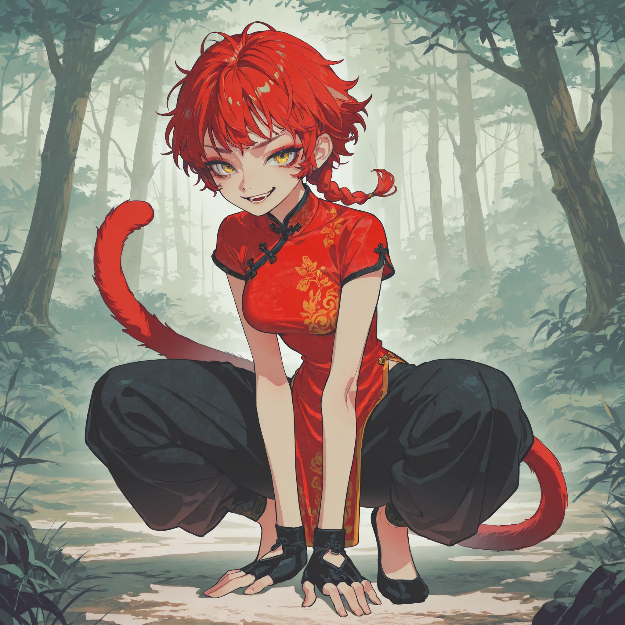 masterpiece, ultra-HD, impressionism, high detail, best quality, very aesthetic, 8K, best quality, beautiful, ultra-high resolution, 32K UHD, 4ki4k4ne_illu, 1woman, solo, short messy red hair, pixie cut, single braid, yellow eyes, almond-shaped eyes, eyelashes, red eyeshadow, monkey tail, medium breasts, wide hips, narrow waist, thick thighs, shapely legs, slim, red qipao too, chinese clothes, short sleeves, black fingerless gloves, black baggy pants, blushed, smirk, open mouth, squatting, full body, looking at the viewer, forest background, front view