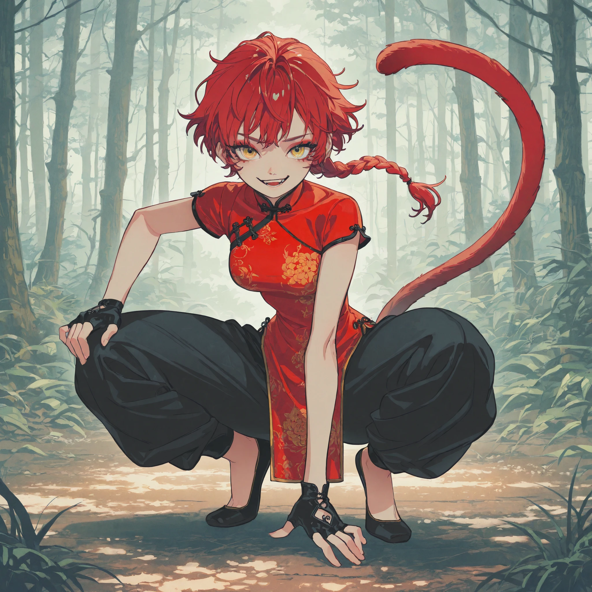masterpiece, ultra-HD, impressionism, high detail, best quality, very aesthetic, 8K, best quality, beautiful, ultra-high resolution, 32K UHD, 4ki4k4ne_illu, 1woman, solo, short messy red hair, pixie cut, single braid, yellow eyes, almond-shaped eyes, eyelashes, red eyeshadow, monkey tail, medium breasts, wide hips, narrow waist, thick thighs, shapely legs, slim, red qipao too, chinese clothes, short sleeves, black fingerless gloves, black baggy pants, blushed, smirk, open mouth, squatting, full body, looking at the viewer, forest background, front view
