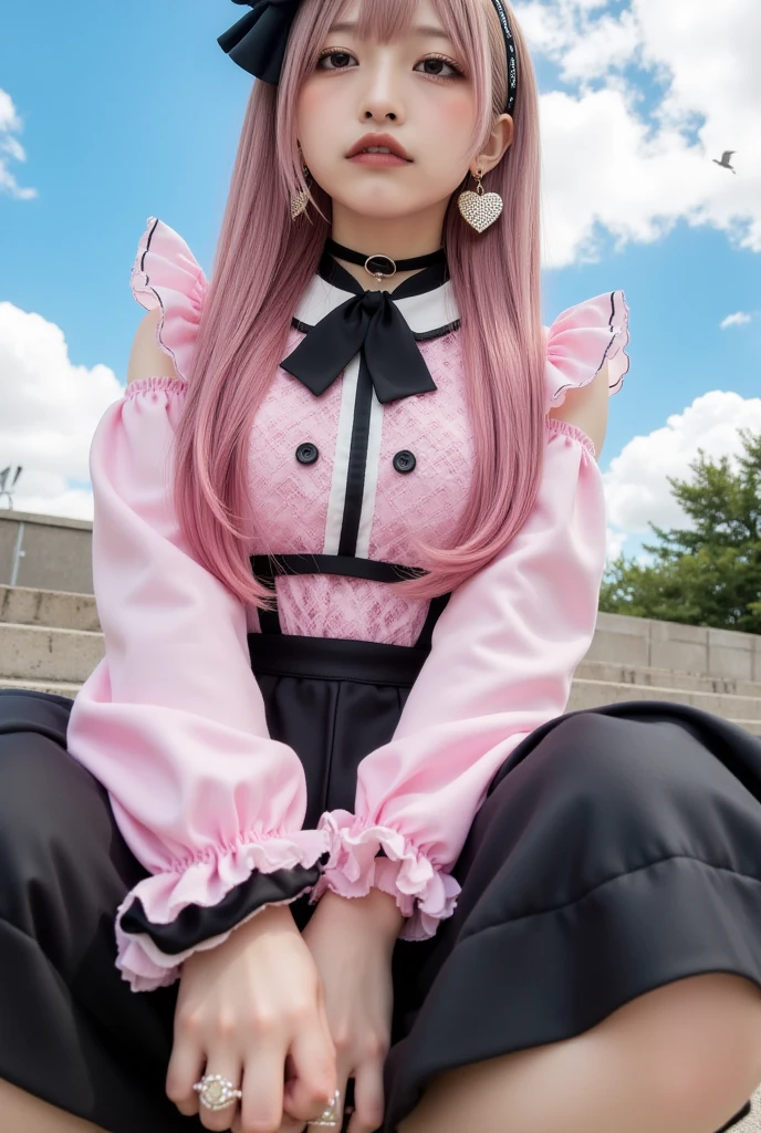 (ultra-detailliert), Cute princess dresses in black color,(frilly dress),(shortsleeves),Blue eyes,The upper part of the body、a closeup、faces、(A smile:1.5),(facing front:1.2), 20yr old, teens girl,no tail,(no tail),2D, ​masterpiece, top-quality, animesque, A detailed eye, A detailed face, girl with, Only 1 person,Medium hair with pink hair, (Pink hair),  Ear Hair, small tits, Single braid, (Single braid), (Side braid), Pink ribbon, Ribbon around the neck, (White sleeves), Background bokeh