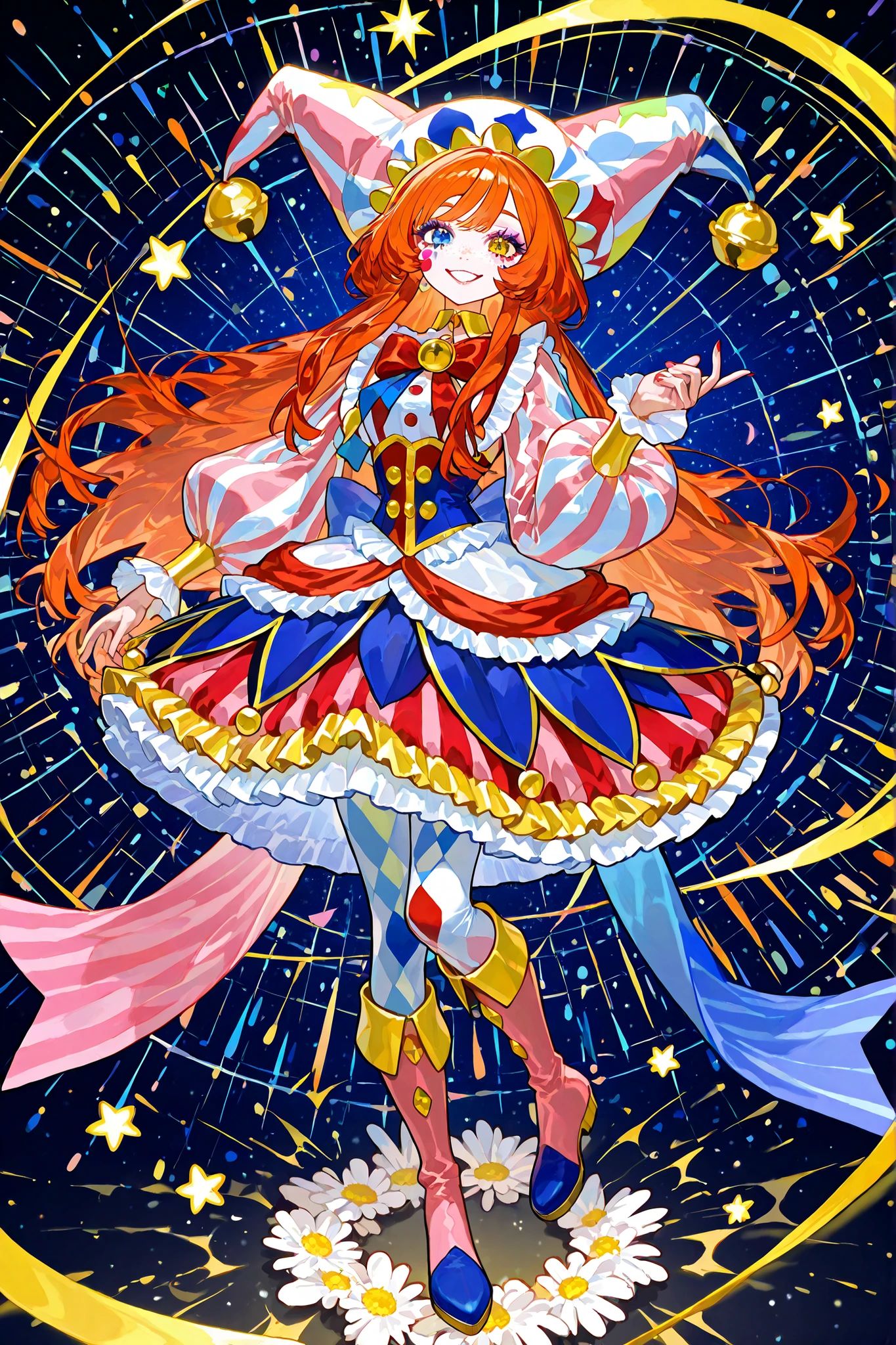 A sweet circus girl in energetic poses, cheerful emotions. The girl has fluffy kinky ginger hair hidden under a joker's clown hat. She has heterochromia. She has gap-toothed mouth with pink lips. She has pastel clown makeup with clown nose. She has freckles. She is dressed in a pastel pink and baby-blue circus clown costume: a wide sweatshirt with long puffy sleeves, a collar with a bow, a skirt decorated with bells, pointed boots, leggings decorated with daisies,stars. She has a lot of patches in the form of daisies on her clothes. She has pastel circus makeup on her face. On the background: circus in amusement park.