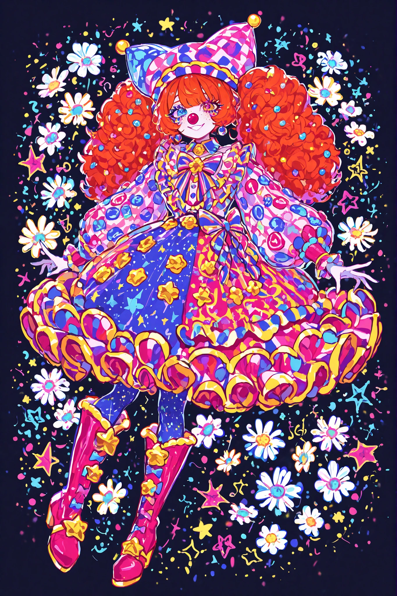 A sweet circus girl in energetic poses, cheerful emotions. The girl has fluffy kinky ginger hair hidden under a joker's clown hat. She has heterochromia. She has gap-toothed mouth with pink lips. She has pastel clown makeup with clown nose. She has freckles. She is dressed in a pastel pink and baby-blue circus clown costume: a wide sweatshirt with long puffy sleeves, a collar with a bow, a skirt decorated with bells, pointed boots, leggings decorated with daisies,stars. She has a lot of patches in the form of daisies on her clothes. She has pastel circus makeup on her face. On the background: circus in amusement park.