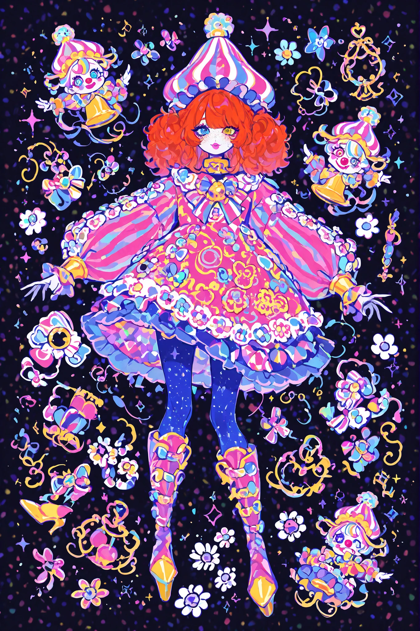 A sweet circus girl in energetic poses, cheerful emotions. The girl has fluffy kinky ginger hair hidden under a joker's clown hat. She has heterochromia. She has gap-toothed mouth with pink lips. She has pastel clown makeup with clown nose. She has freckles. She is dressed in a pastel pink and baby-blue circus clown costume: a wide sweatshirt with long puffy sleeves, a collar with a bow, a skirt decorated with bells, pointed boots, leggings decorated with daisies,stars. She has a lot of patches in the form of daisies on her clothes. She has pastel circus makeup on her face. On the background: circus in amusement park.