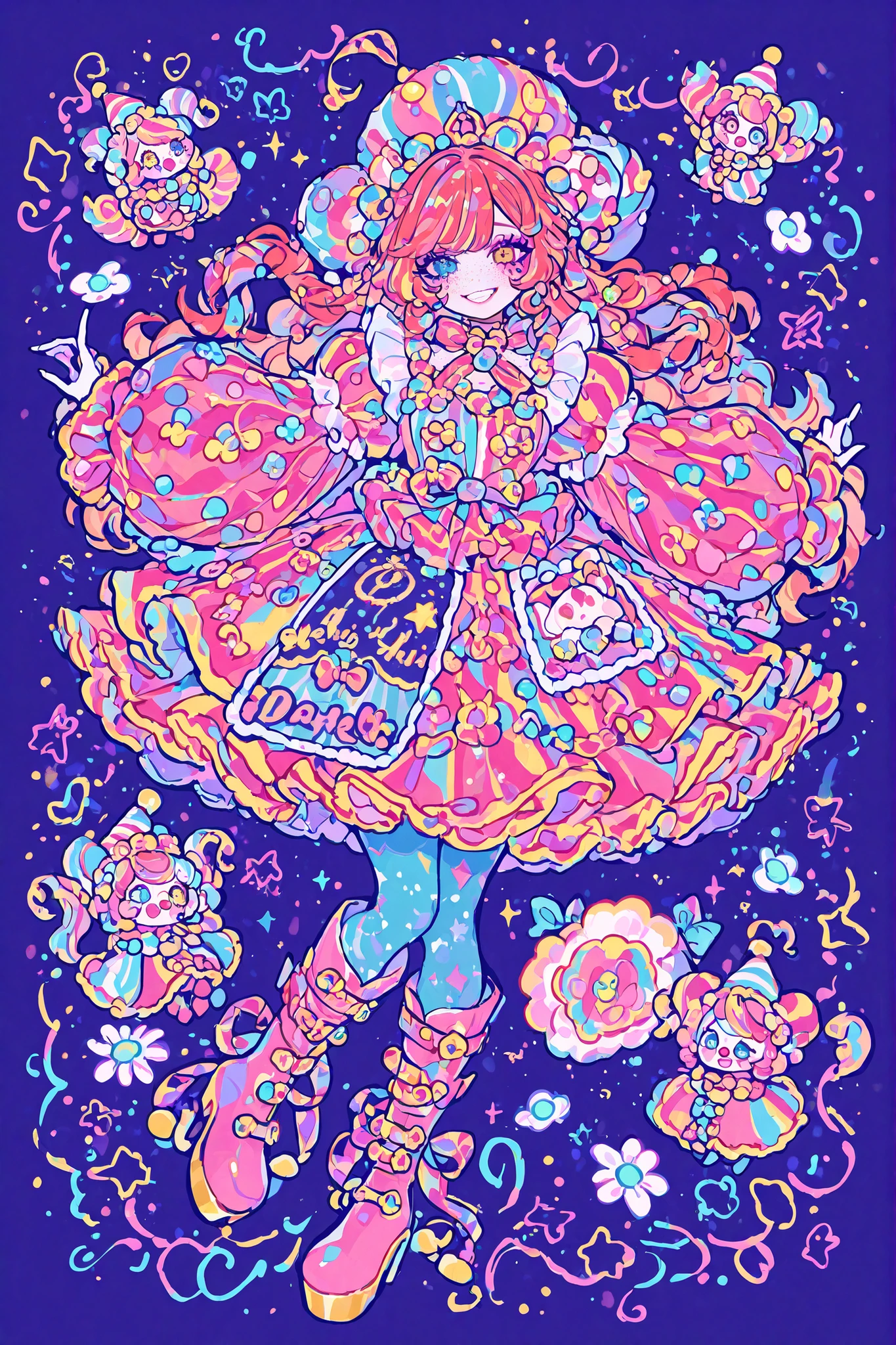 A sweet circus girl in energetic poses, cheerful emotions. The girl has fluffy kinky ginger hair hidden under a joker's clown hat. She has heterochromia. She has gap-toothed mouth with pink lips. She has pastel clown makeup with clown nose. She has freckles. She is dressed in a pastel pink and baby-blue circus clown costume: a wide sweatshirt with long puffy sleeves, a collar with a bow, a skirt decorated with bells, pointed boots, leggings decorated with daisies,stars. She has a lot of patches in the form of daisies on her clothes. She has pastel circus makeup on her face. On the background: circus in amusement park.