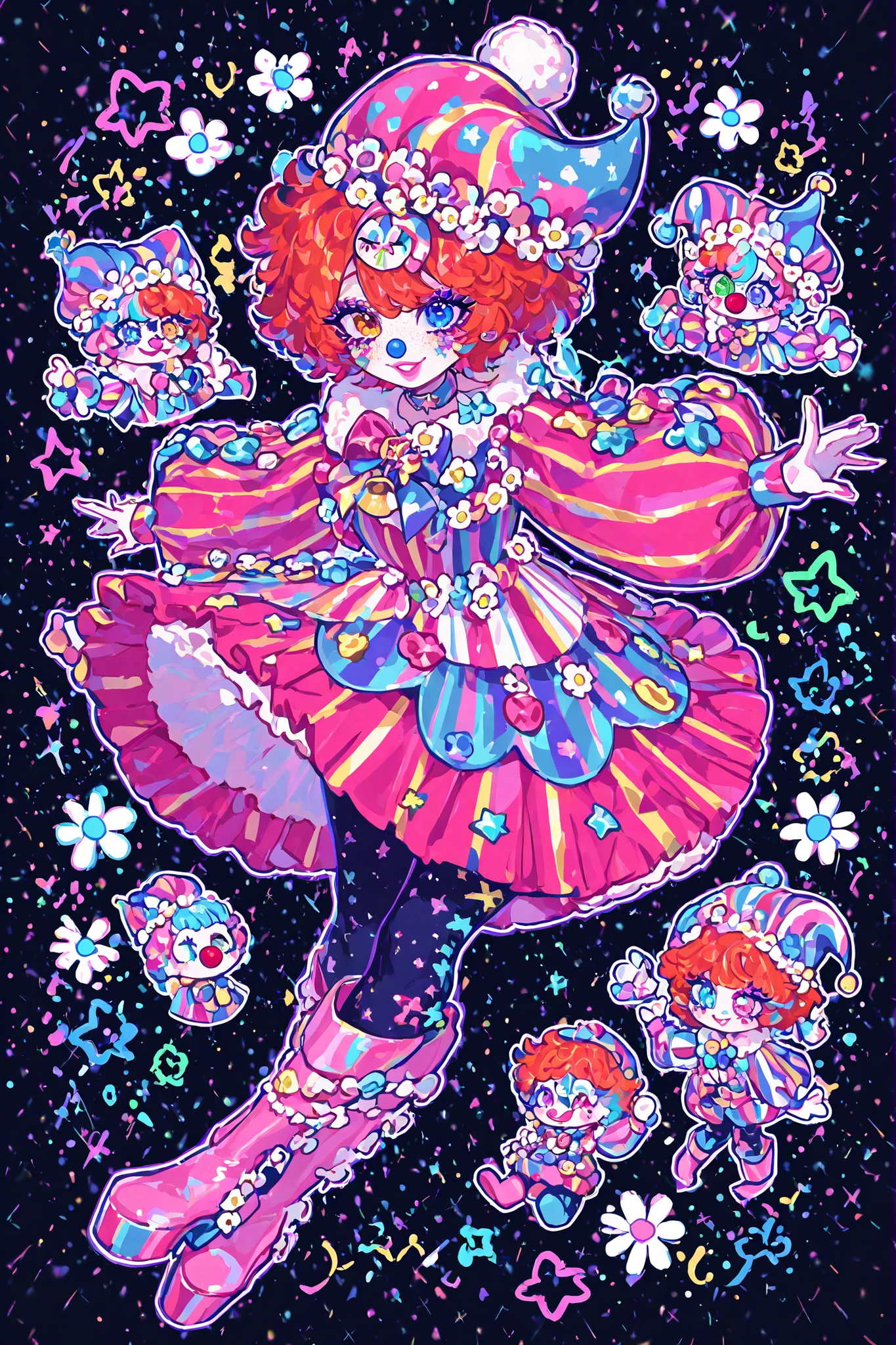 A sweet circus girl in energetic poses, cheerful emotions. The girl has fluffy kinky ginger hair hidden under a joker's clown hat. She has heterochromia. She has gap-toothed mouth with pink lips. She has pastel clown makeup with clown nose. She has freckles. She is dressed in a pastel pink and baby-blue circus clown costume: a wide sweatshirt with long puffy sleeves, a collar with a bow, a skirt decorated with bells, pointed boots, leggings decorated with daisies,stars. She has a lot of patches in the form of daisies on her clothes. She has pastel circus makeup on her face. On the background: circus in amusement park.