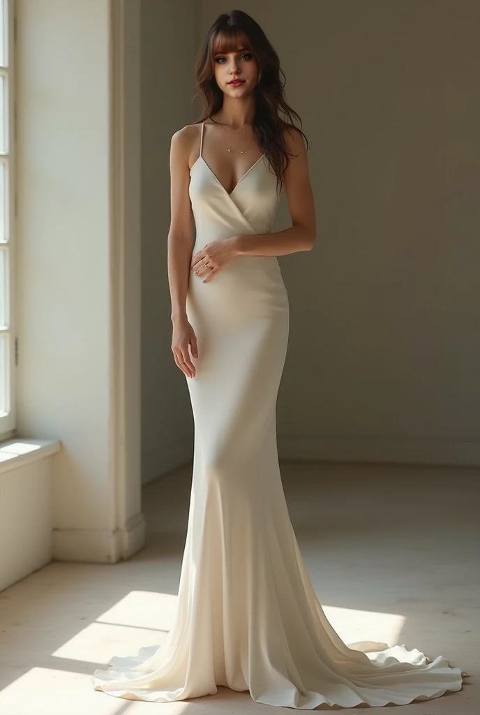 background painting hall beautiful ginger woman dressed in luxurious white dress full length photo smile