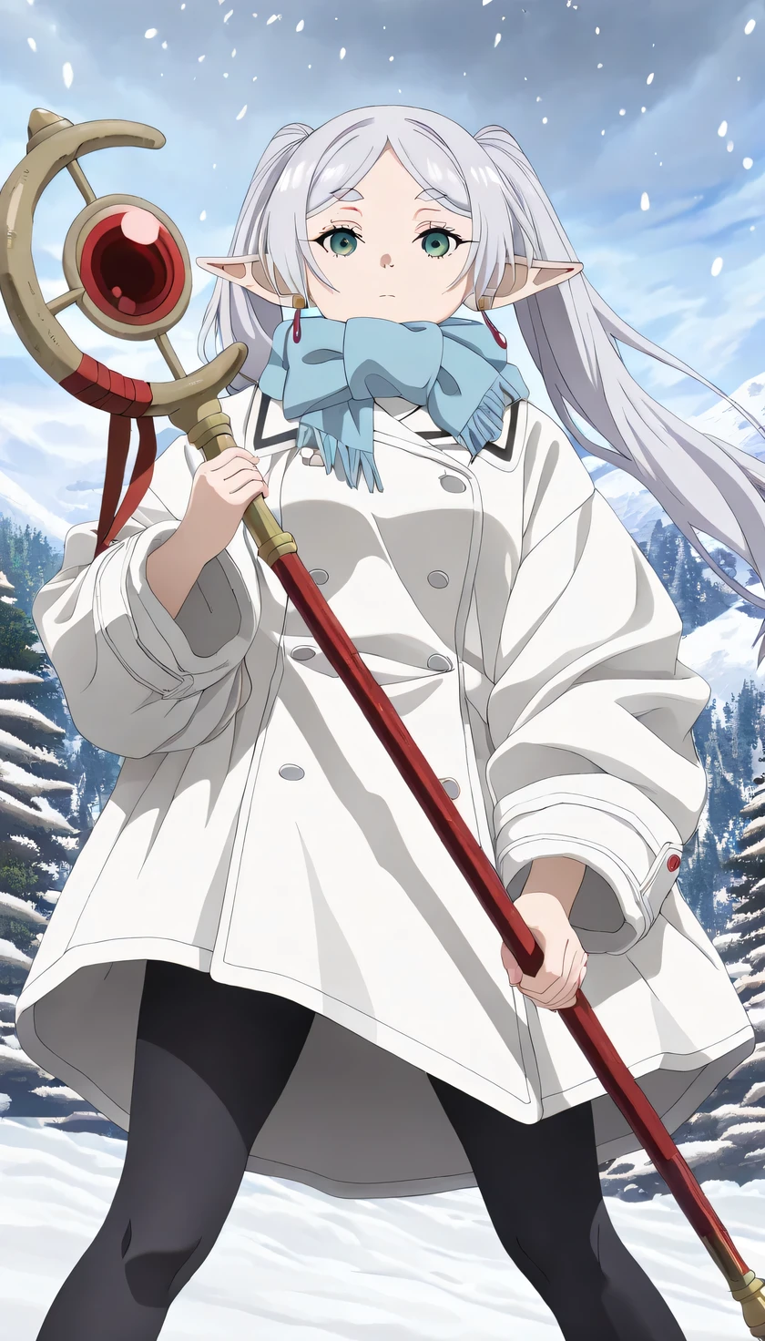 {{{masterpiece}}}, (best quality:1.5), (ultra-detailed:1.5), {illustration}, {{an extremely delicate and beautiful}}, (beautiful detailed eyes:1.2), absurdres, highres, extremely detailed face, 16k, hd, visual anime de uma jovem mulher, extremamente bonito rosto de anime, anime melhor garota, (perfect hands, perfect anatomy), anime face, Frieren(Sousou no Frieren), 1girl, solo, cute face, elf, twintails, very long hair, silver hair, parted bangs, sidelocks, pointy ears, earrings, green eyes, medium breasts, big hips, curvaceous, BREAK, winter clothes, white coat, stainless steel collar coat, double-breasted, long sleeves, (baggy clothes:1.5), blue scarf, (black pantyhose:1.3), BREAK, 1girl, solo, floating hair, magic staff, holding staff, BREAK, Combat Ready, looking at viewer, flash effect, expressionless, outdoor, winter, (snow:1.5), (blizzard:1.4), mountain, night, forest, snow clouds, field, peer in from below