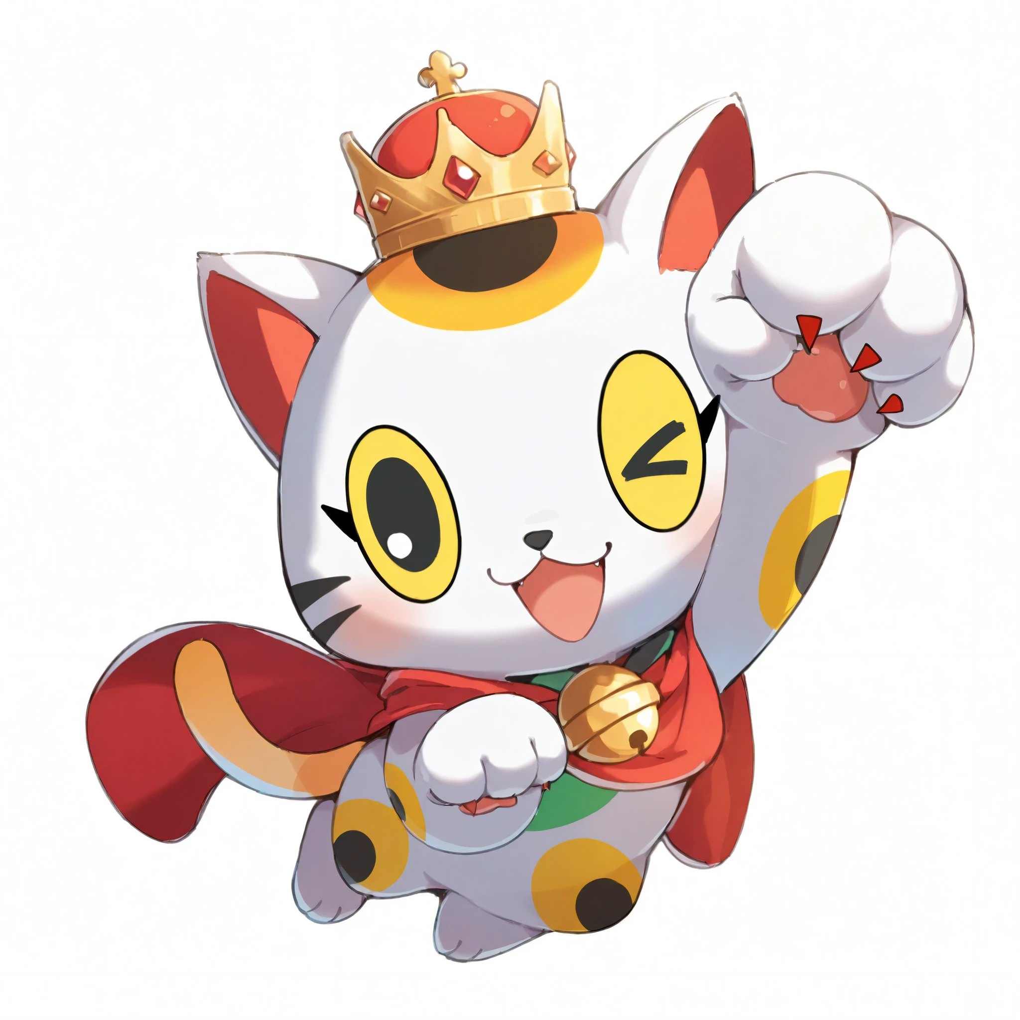 One cat、masterpiece、Highest Quality、beautifully detailed animated illustrations of cute cats、Royal military uniform、gold epaulettes、Red Cloak、Crown on head、fluffy white hair、winking yellow eyes、Dynamic Poses、Raise your fist、 Rainbow Ribbons 、 cheerful、white background、Full Body、Anime Cat Girl、clean line art、Sharp Contours、very detailed、professional illustrations、Consistent Outfit、sophisticated、masterpiece、super detailed eyes、無地のwhite background、no hair growth、hands are maneki-cat poses、2.5 blades