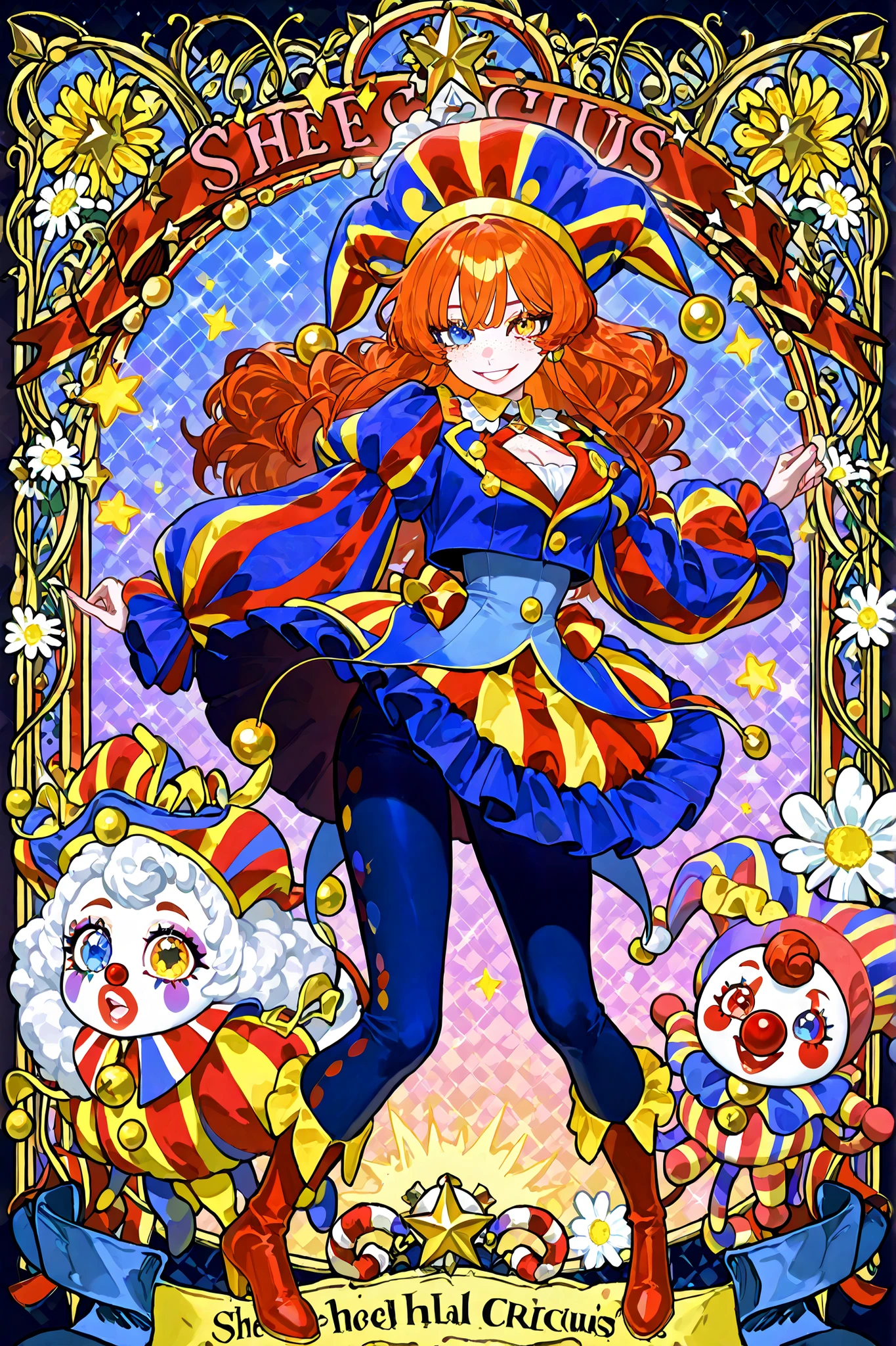 A sweet circus girl in energetic poses, cheerful emotions. The girl has fluffy kinky ginger hair hidden under a joker's clown hat. She has heterochromia. She has gap-toothed mouth with pink lips. She has pastel clown makeup with clown nose. She has freckles. She is dressed in a pastel pink and baby-blue circus clown costume: a wide sweatshirt with long puffy sleeves, a collar with a bow, a skirt decorated with bells, medieval pointy-toed boots (Crakows or Poulaines), leggings decorated with daisies,stars. She has a lot of patches in the form of daisies on her clothes. She has pastel circus makeup on her face. On the background: circus in amusement park.