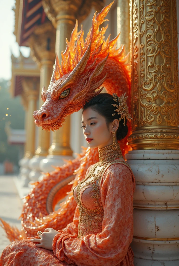 The wide-angle shot frames the stunning 24-year-old Korean beauty, confidently poses in front of a majestic dragon. The big-breasted girl caught the eye wearing a  dragon-patterned cheongsam that featured  curves and toned legs,  covered by the thigh-high  of the dress. Her porcelain skin glistened under the camera spotlight as she displayed her  face and smoldering eyes with dark-colored eyeshadow. A wide-open pomegranate red lip, frames her perfect teeth. Her dark black hair was slicked over her shoulders in loose waves, while behind him, a fiery dragon with three heads standing upright, her red eyes are fixed on the viewer. The dragon's  bears the inscription 'WINNING303'. The background is the interior of the royal castle the luxurious, surrounded by giant dragon figurines.