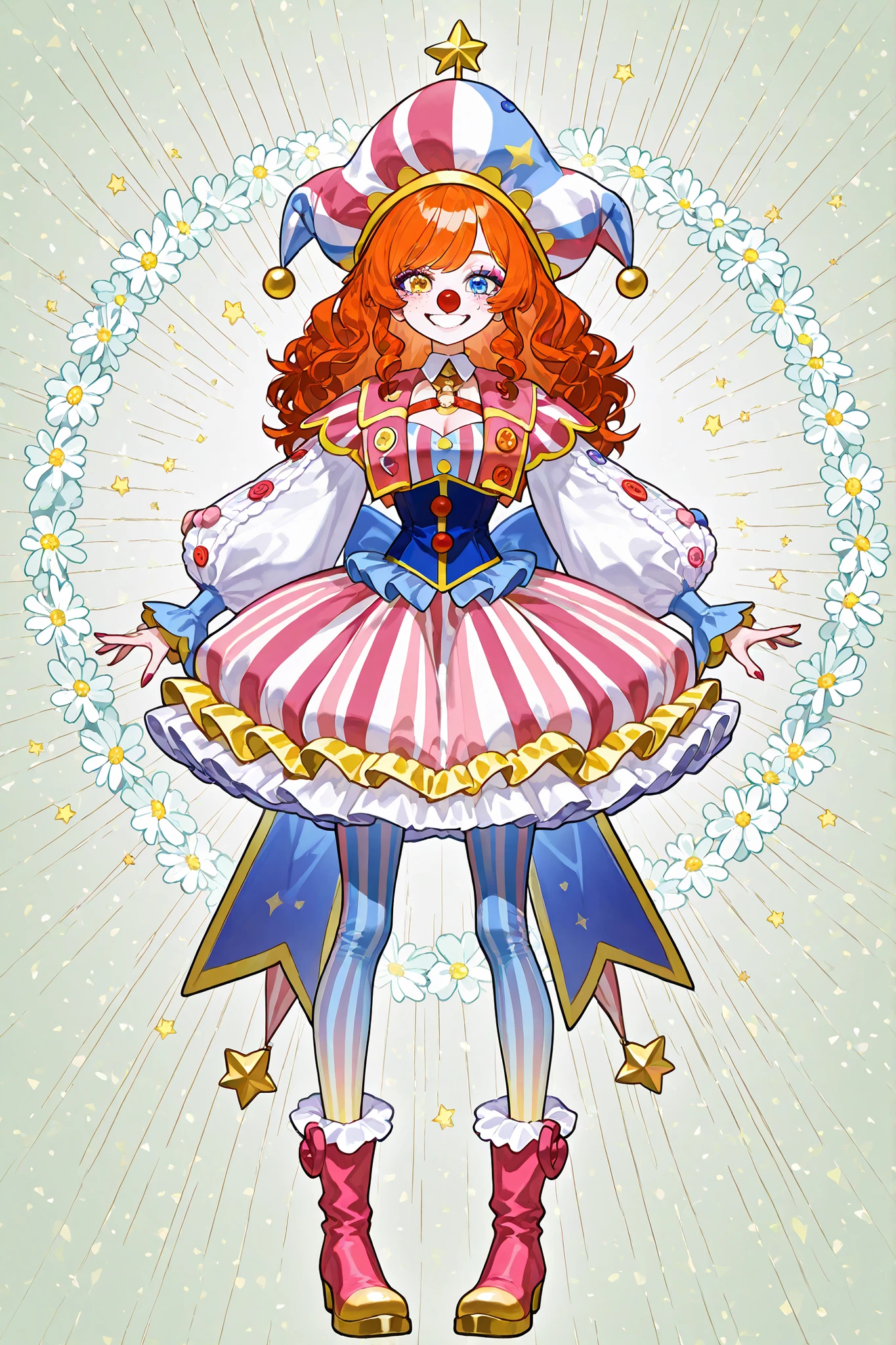 A sweet circus girl in energetic poses, cheerful emotions. The girl has fluffy kinky ginger hair hidden under a joker's clown hat. She has heterochromia. She has gap-toothed mouth with pink lips. She has pastel clown makeup with clown nose. She has freckles. She is dressed in a pastel pink and baby-blue circus clown costume: a wide sweatshirt with long puffy sleeves, a collar with a bow, a skirt decorated with bells, medieval pointy-toed boots (Crakows or Poulaines), leggings decorated with daisies,stars. She has a lot of patches in the form of daisies on her clothes. She has pastel circus makeup on her face. On the background: circus in amusement park.