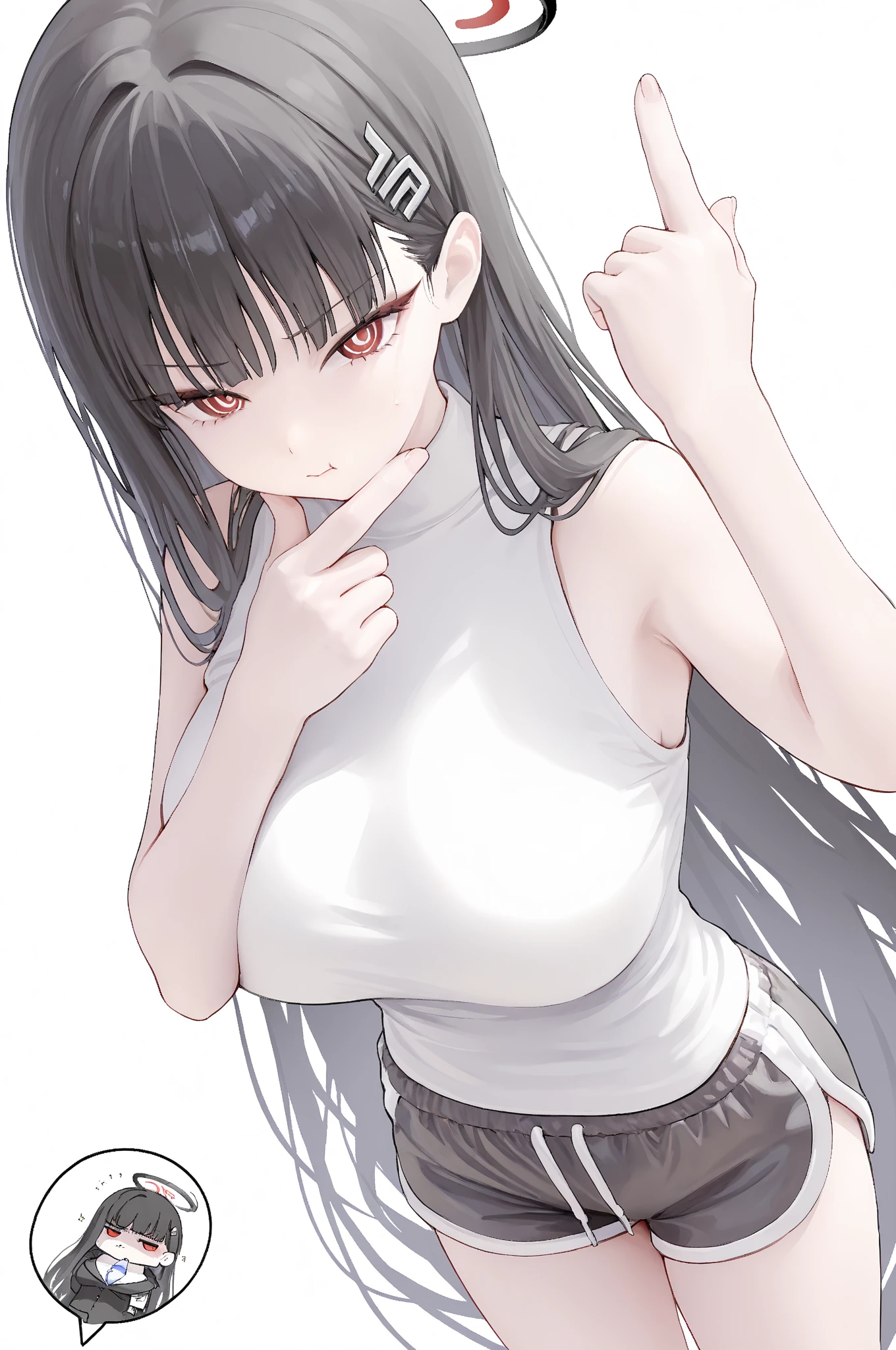 score_9, score_8_up, score_7_up, 1girl, woman, long hair, black hair, parted bangs, light black eyes, small breasts, innexpressive, sweater, virgin killer sweater, blushing, narrowed eyes, closed mouth, standing, crossed arms, side view, thighs, below view, upper body, masterpiece, best quality, white background