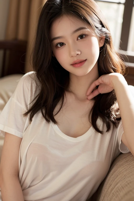 best quality, masterpiece, beautiful and aesthetic, 16K, (HDR:1.4), high contrast, bokeh:1.2, lens flare, (vibrant color:1.4), (muted colors, dim colors, soothing tones:0), cinematic lighting, ambient lighting, sidelighting, Exquisite details and textures, cinematic shot, Warm tone, (Bright and intense:1.2),Filming:1.5, breast:1.3, on the bed:1.2, Denim shorts:1.2, Fitness:1.2, best quality, masterpiece, Ultra-high resolution, Reality:1.4, Realistic skin texture:1.3, Willow Waist, Cowboy shooting, Low profile, night, 1 Girl, Beautiful and delicate eyes, Brown eyes, White vest:1.3, brown hair:1.2, Very long hair:1.7,with a round face， 32 inches in the chest,(a charming smile:1), (sexy pose),, (Cute boyish Korean girl, Tomboy), Open your legs:1.4