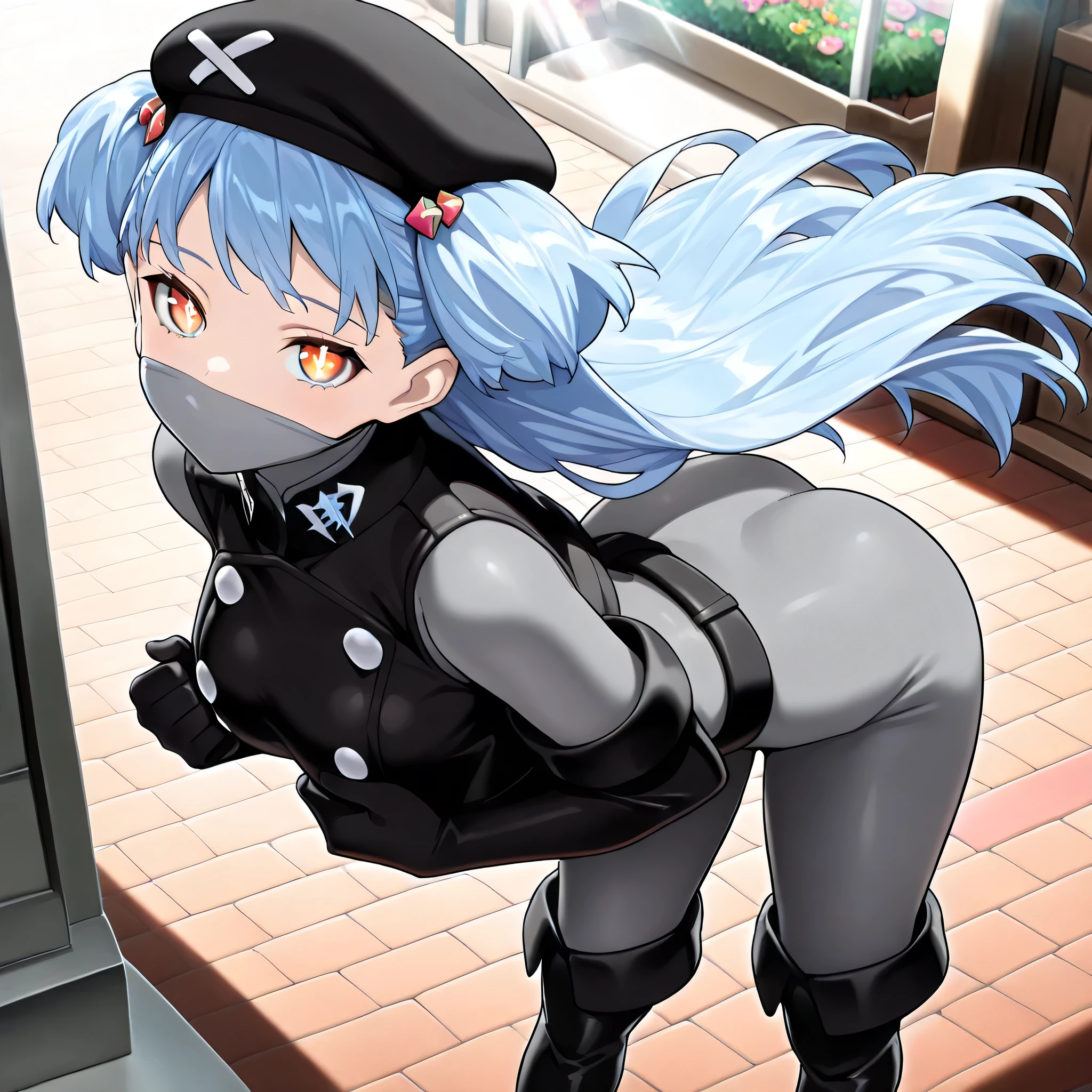 (((Masterpiece))), (((Best Quality))), ((Super Detail)), ultra-High resolution, score_9,score_8_up,score_7_up,score_6_up,score_5_up,score_4_up, BREAK, source_anime, anime screencap, uncensored, Masterpiece, (absurdres), (detailed background), (very aesthetic), detailed beautiful eyes, outstanding, an exquisite animation illustration, curvy, highres, dark persona, black beret, mouth mask, grey bodysuit, black vest, black gloves, elbow gloves, black belt, black boots, knee boots, (((solo, 1girl))), hair ornament, seductive pose, submissive pose, anime style, anime coloring, animification, megami magazine, sexy pose, bell tsukiyono, syuno, blue hair, hair ornaments, bell tsukiyono, light blue hair, short twin tails with long hair down, hair ornament, short bangs, expressive orange eyes, white pupils, medium breasts, no mouth, smile, happy, leaning forward, bent over, arched back, looking at viewer, tilt head, head tilt, light smile, gentle smile, flower, wind, windy, petal, clenched hand, hands on breast, dappled light, sunbeam