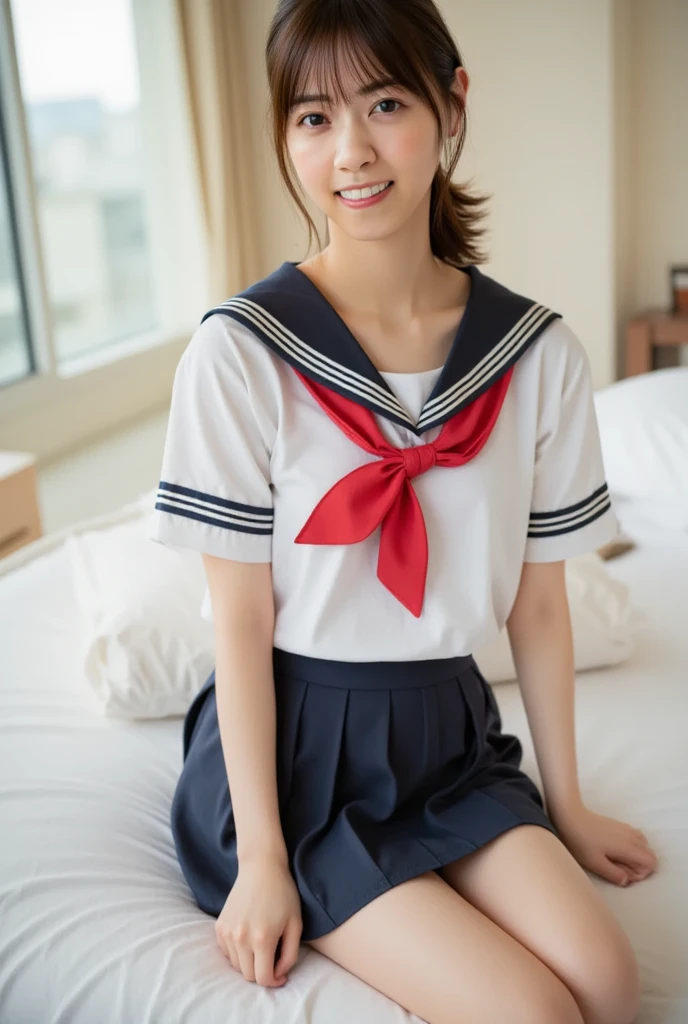 one person、one person、An 18-year-old high school girl poses for a photo in a short-sleeved white sailor uniform、victory、Twin tails、Tsundere、masterpiece、High-level image quality、Sharp focus）、Navy blue shirt、Red tie、Navy and red checked mini skirt、cute、Japanese women、17 years old、sexy、Laughter、(Perfect Anatomy、Delicate and beautiful hands and feet)、Yellow wall,Small breasts、Nogizaka Idol、Slender figure、sexy、I can see your thighs