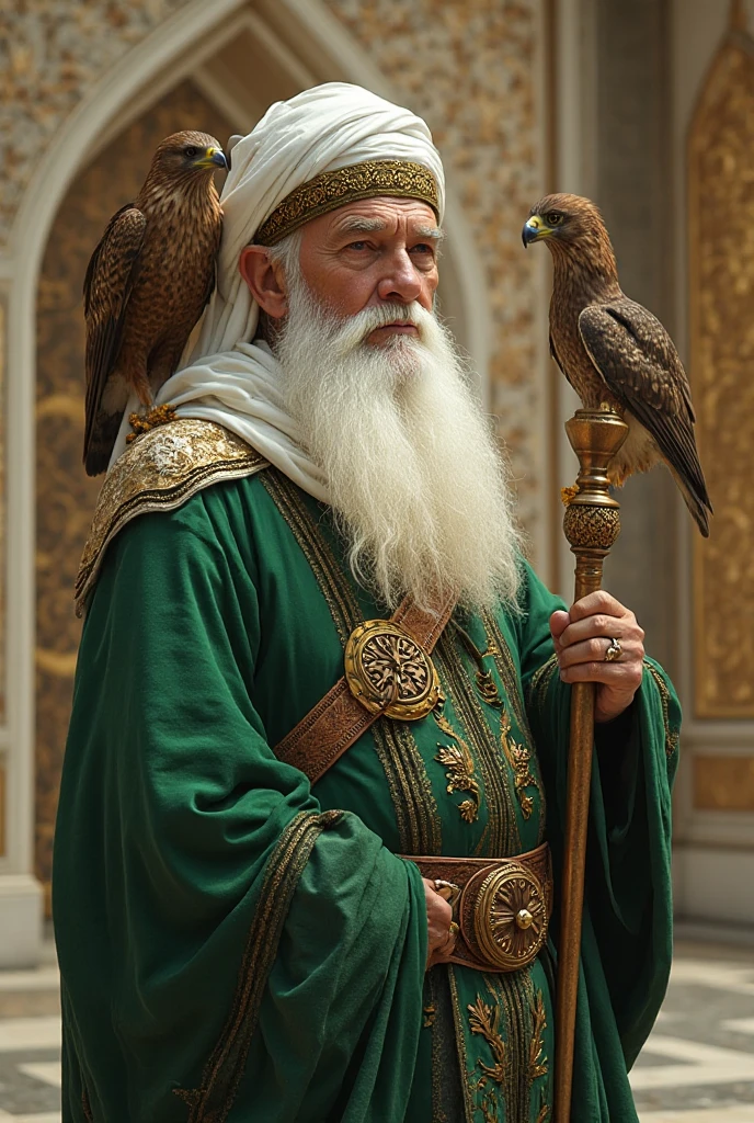 Make a picture of an elderly sheikh with a big white beard, a big white ...