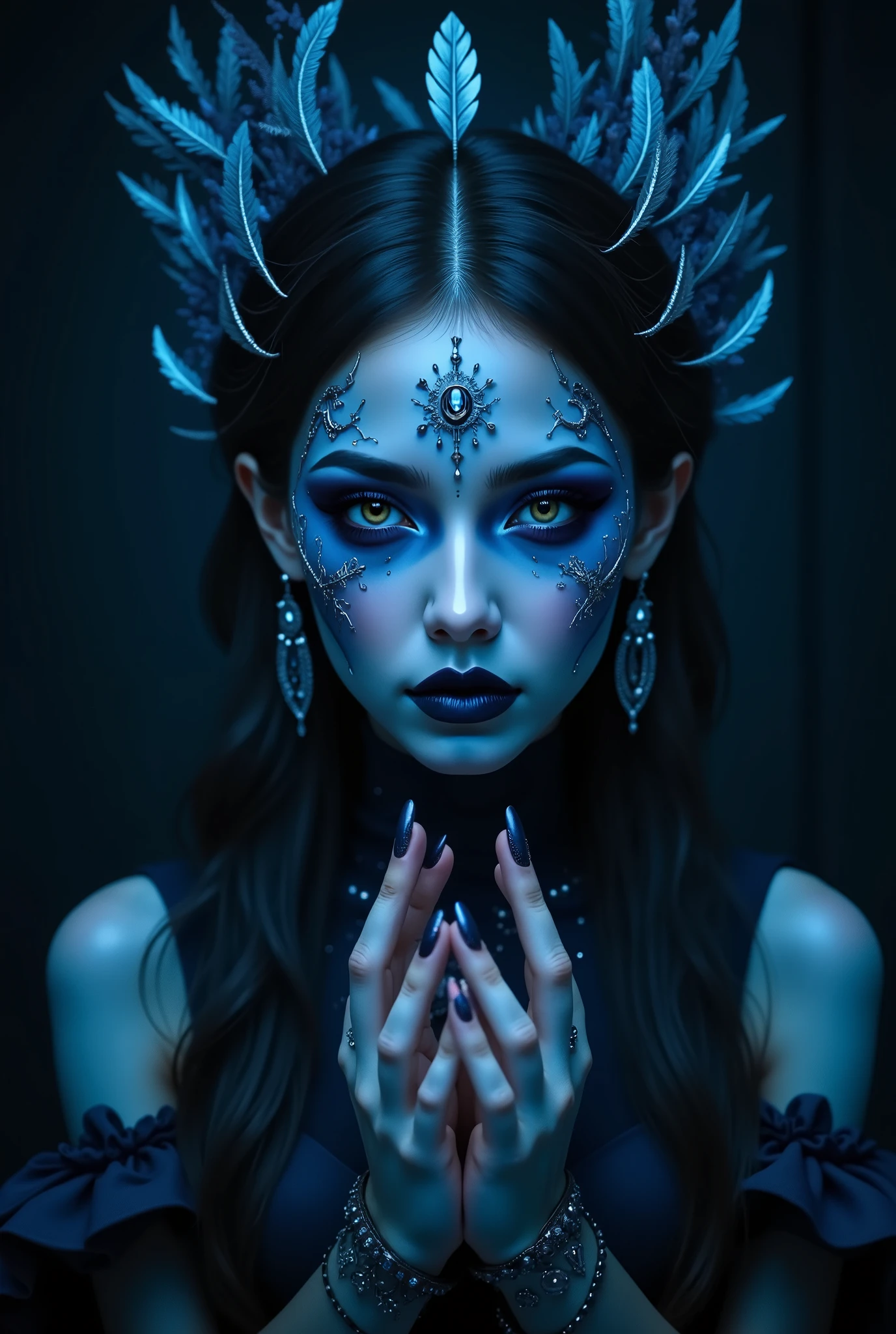 Magical makeup Blue color with silver feathers, mysterious witch, portrait, realistic image, extra detailed, 4K, high definition, alive, A keen look, mystical facial expression, dark hair, long fingers, magical gestures, Dark background, dark tones, dark atmosphere, deep shadows, dim lighting, fantasy detailing, concept art,