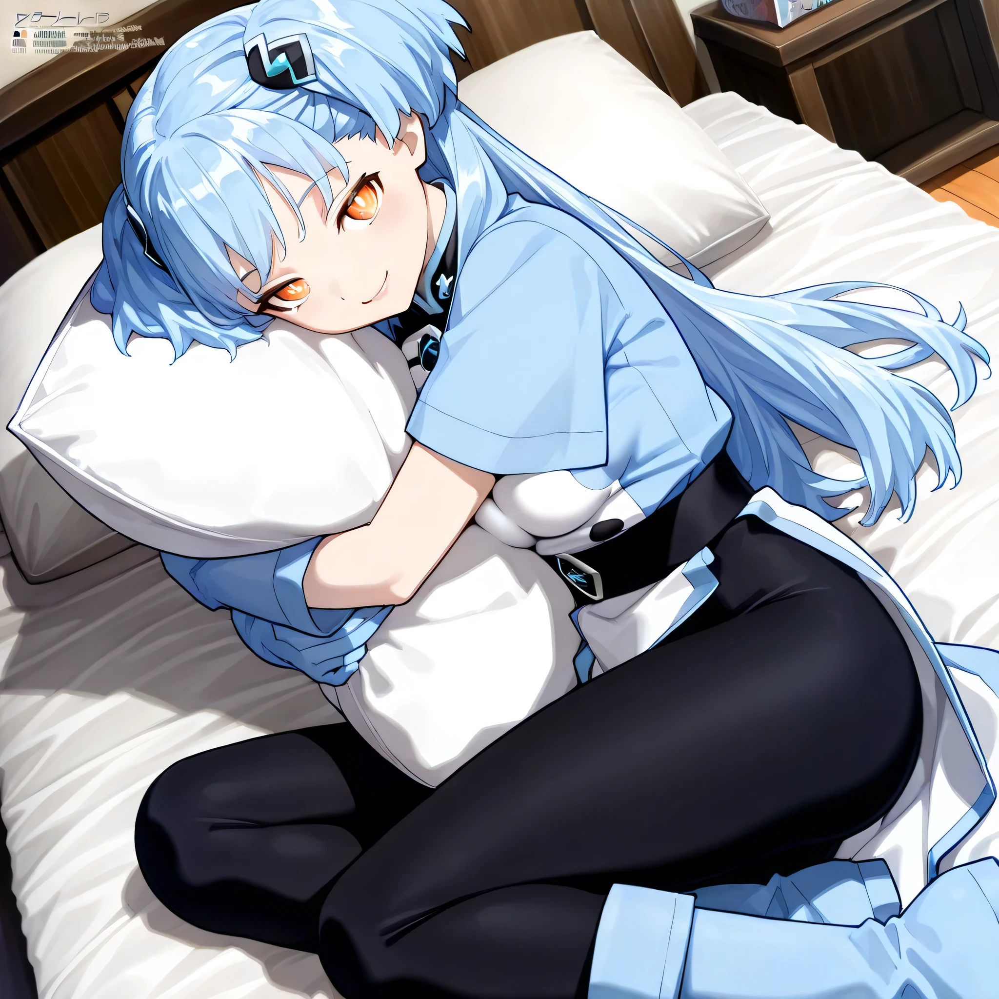 (((Masterpiece))), (((Best Quality))), ((Super Detail)), ultra-High resolution, score_9,score_8_up,score_7_up,score_6_up,score_5_up,score_4_up, BREAK, source_anime, anime screencap, uncensored, Masterpiece, (absurdres), (detailed background), (very aesthetic), detailed beautiful eyes, outstanding, an exquisite animation illustration, curvy, highres, dark persona, hood, hood up, bodysuit under clothes, black bodysuit, light blue surcoat, light blue shirt, short sleeves, black sash, light blue gloves, light blue boots, (((solo, 1girl))), hair ornament, seductive pose, submissive pose, anime style, anime coloring, animification, megami magazine, sexy pose, bell tsukiyono, syuno, blue hair, hair ornaments, bell tsukiyono, light blue hair, short twin tails with long hair down, hair ornament, short bangs, expressive orange eyes, orange eyes, white pupils, medium breasts, indoor background, bedroom, sitting in bed, hugging pillow, looking at viewer, breast press, messy room, breast press on pillow, tilt head, head tilt, dynamic angle, cinematic angle, dutch angle, smile, light smile, gentle smile, happy, holding pillow, lying down on bed, lying down, lying down on side, on side