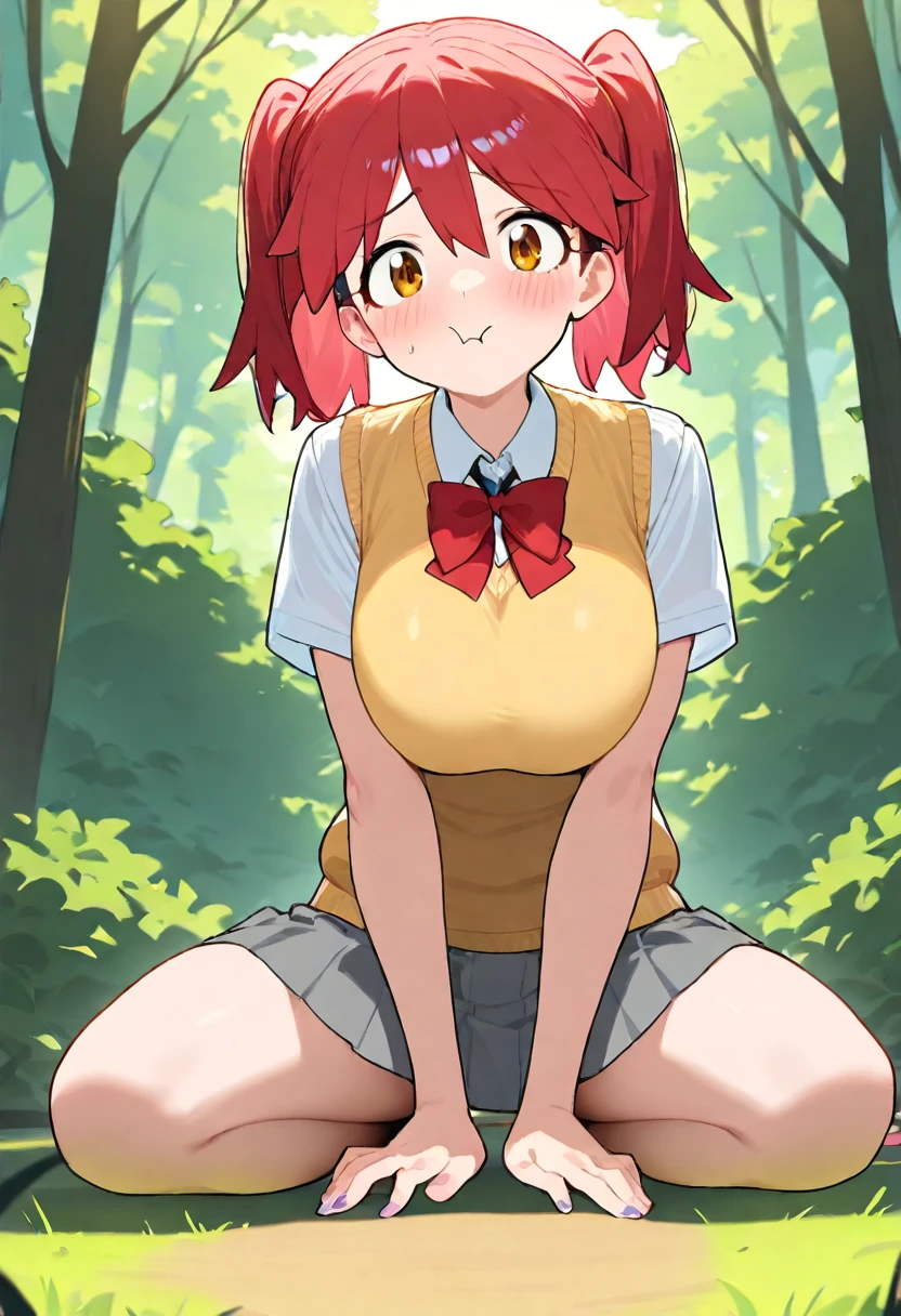 furry girl, cat, red hair, Knight bangs hairstyle, long ponytail, anime style, medium breasts, blue eyes, ((red frilly shirt, two shoulders, midriff, white skirt, princess crown)), raise her shirt, undress, show her body, show her breasts, in heat, horny, undressing, high quality, detailed body, detailed eyes, detailed face, masterpiece, glistening body, detailed body fur, best quality, two tone body, pink fur, clear pink fur, perfect lighting, perfect shadows, perfect eyes, perfect hair, perfect face, gorgeous body, skinny, solo, tongue out, sitting, park, skinny, looking at viewer, full body, feets with three toes, 3 toes, score_9,score_8_up,score_7_up, source_cartoon, source_furry, glowing blue eyes, from above, motion blur, Birds Eye view,