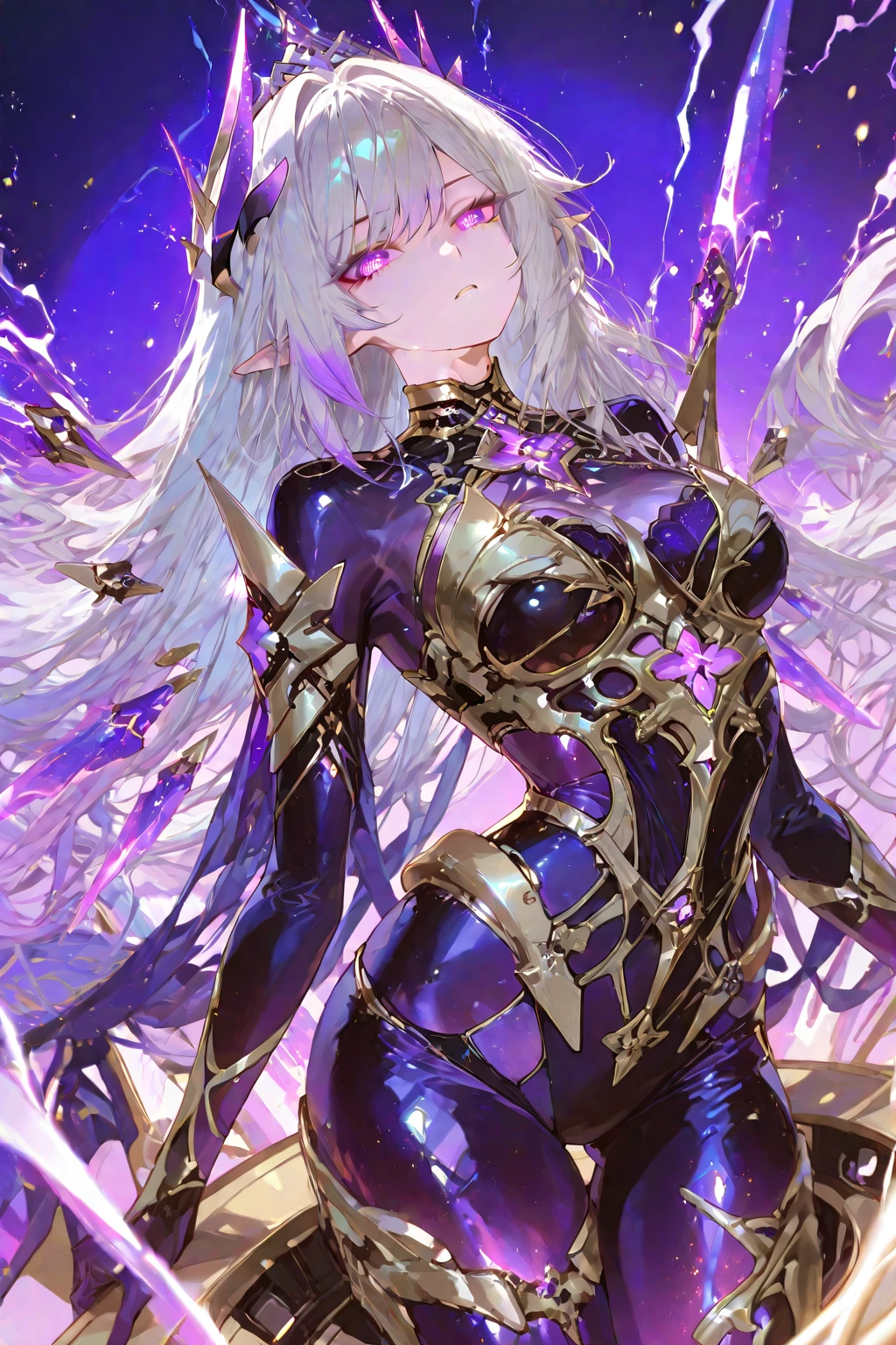 One lady,14years,((White hair) ,((())), ((Normal breasts)), (())(()),(Shiny purple bodysuit with microskirt))),,((Fantasy))(())(Getting by tentacles)