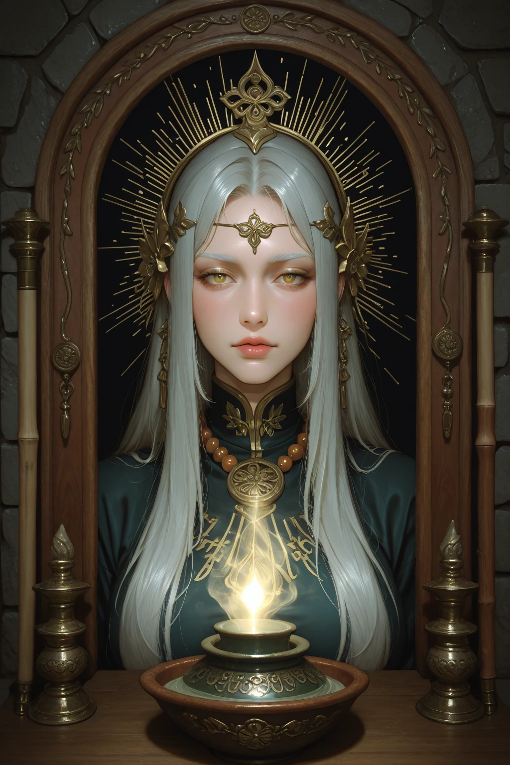1 Caucasian female wizard, young, human silver hair, look at viewers, close up shot,
summon demons
skulls wall
creepy, horrify scene, western, medieval, dark room, dim light,
(Gerald Brom)
muted color
best shadow, dramatic lighting
( masterpiece, ) (best quality)