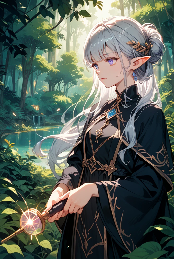 ((best quality)), ((masterpiece)), (detailed), 1girl, (masterpiece), best quality, expressive eyes, perfect face, magical, fantasy, woman, adult woman, Half-elf, druid, long brown hair, hair half up half down with braids, lavender purple eyes, gold accessories, fair skin, pretty, freckles, in forest, druid clothing, magical glowing, magical forest, nighttime, casting a magical spell, casting spell, majestic, glowing light magic, epic, powerful, greenery, vines, nature, flowers, pose holding one hand out with a purple butterfly on fingertip
