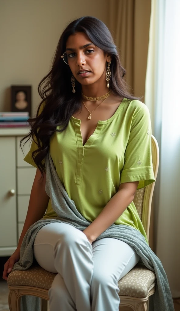 South Indian women, wearing cream colour chiffon transparent shiny skirt and light green shirt