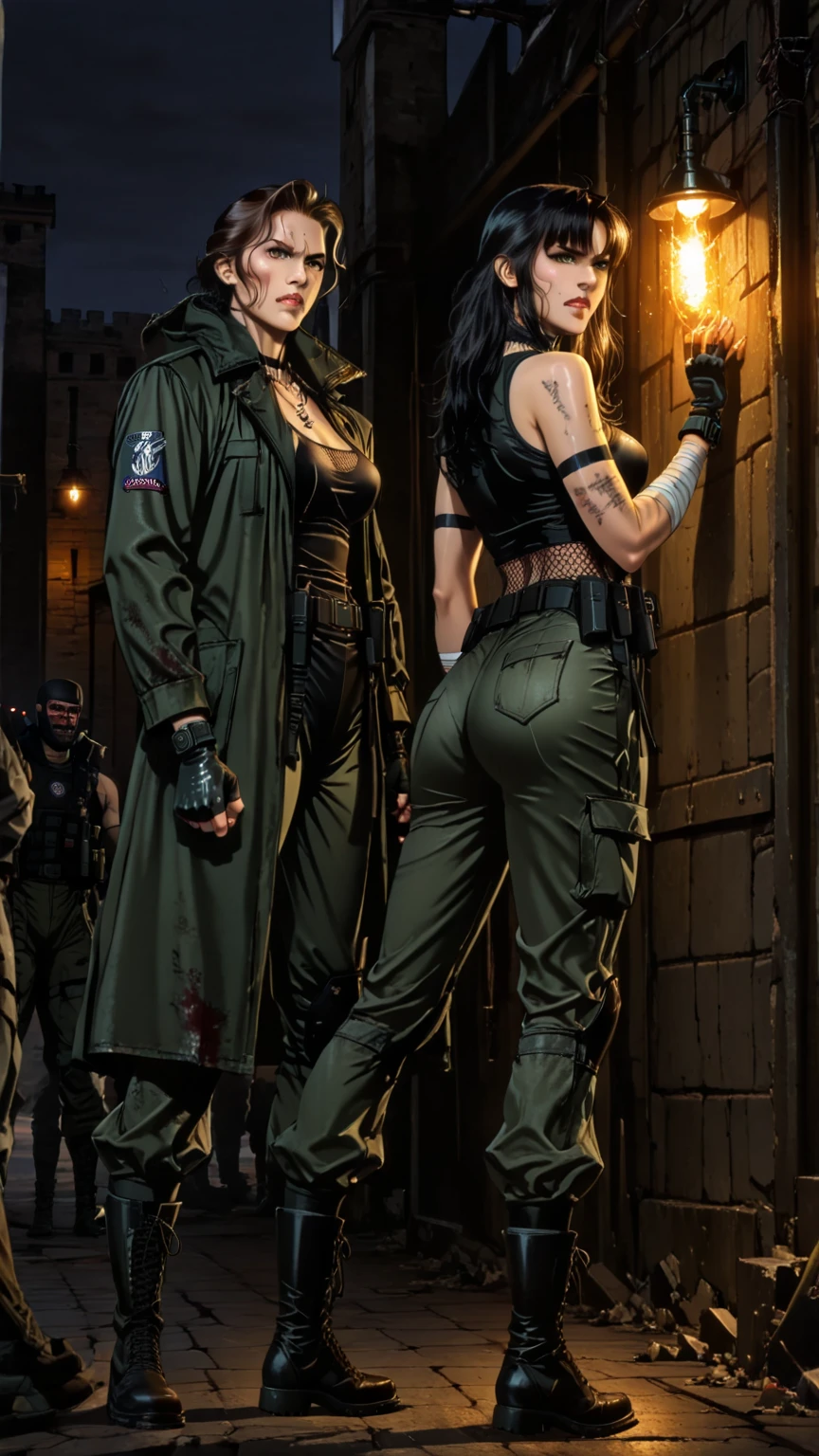 /(Punk yellow jacket:1 with blue colors inside jacket)((Ada Wong of Movies)) looking forward ((full body)) strong muscular light skin,male face,defined body with black shoulder tattoos,white belly tattoos,scar near face,and arm tattoos,perfect face, blue eyes, perfect noses, perfect mouth perfect lips,broad shoulders,  Tank belly, (blonde hair)black secular calsas, with faint glow in it,background inside a very beautiful rich house with shiny  glass windows, metallic robotics with clouds with a dark background, with a faint white fog tone, and with a few drops of water with ultra realistic details and a moon behind the , ((ultra realistic masterpiece)) muscular without red and yellow color shirts