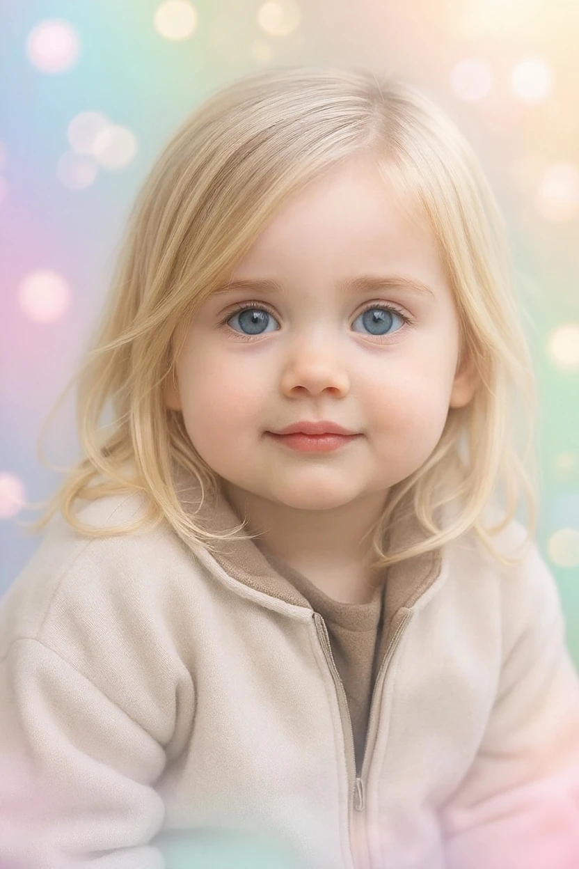 8-years-old cheerful girl, dynamic pose - Sparkling, colorful Background, professional quality studio 8x10 UHD Digital photograph by Scott Kendall - multicolored spotlight, Photorealistic, realistic stock photo, Professional quality Photograph. colored Fog - Multicolored lightning, 3D bubbles, hearts, stars, clovers, hsir: blonde and blue eyes. Cinematic, realistic