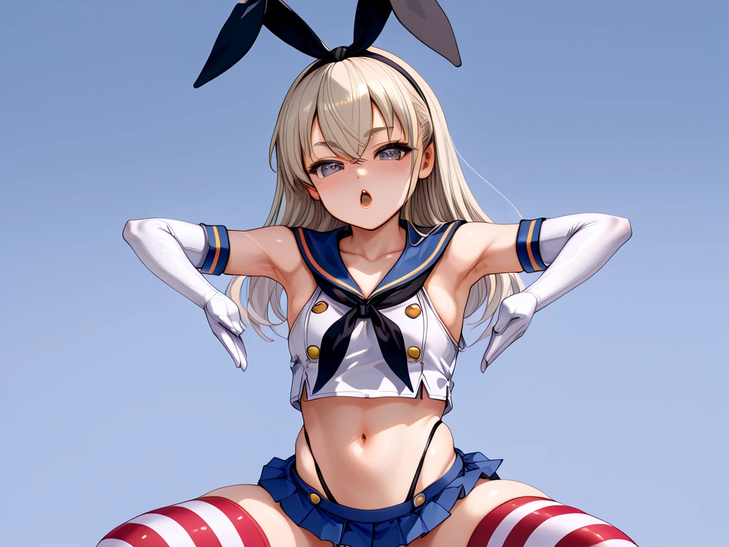 (masterpiece, best quality:1.2),illustration,8k,hd,1girl,solo,cowboy shot,long_hair,blonde_hair,elbow_gloves,underwear,striped_thighhighs,white_gloves,smile,navel,yellow eyes,highleg_panties,black_panties,anchor_hair_ornament,highleg,blush,school_uniform,crop_top,sailor_collar,hairband,hair_ornament,serafuku,miniskirt,pleated_skirt,blue_skirt,sleeveless,bare_shoulders,hair_between_eyes,grey_footwear,microskirt,midriff,neckerchief,collarbone,<lora:Shimakaze(kan)>,
