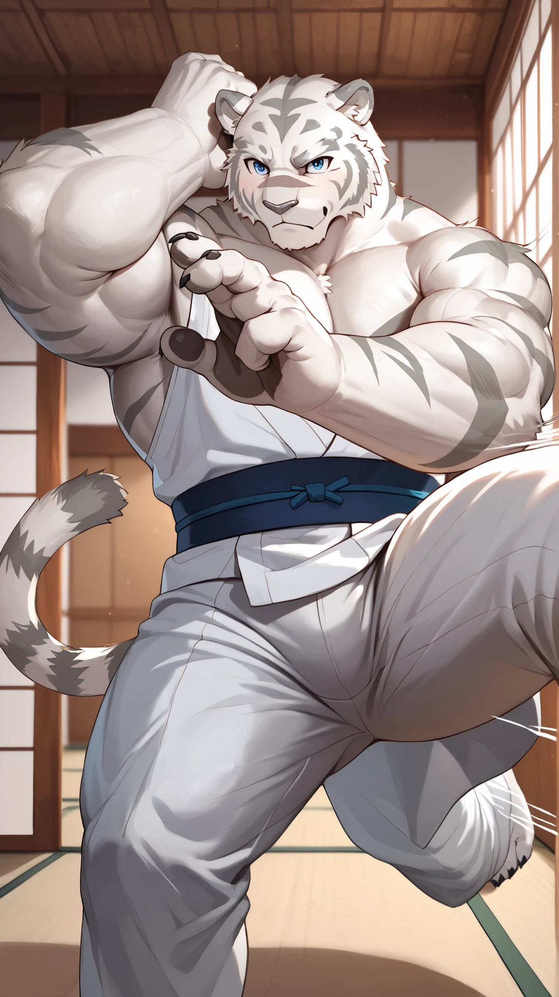 Mercenary Zero,Mercenary of Evil, mammal, white tiger, Grey Nose, Big Shot, karate costume , Dojo, High kick, Serious , barefoot, contrast posture , Action Line, Closeup, blurry motion, High quality wavy lines, Awards, high resolution, high resolution, 16K,alone, striped tail ,