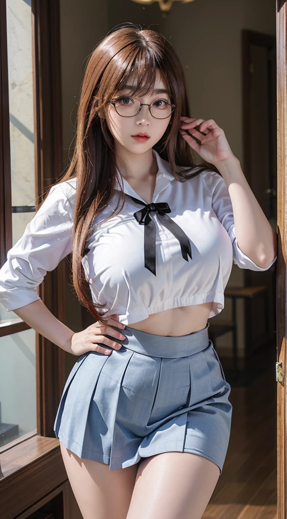 <lora:low_cut_school_uniform:1>, best quality, masterpiece, illustration, realistic, photo-realistic, amazing, finely detail, incredibly absurdres, huge filesize, ultra-detailed, highres, extremely detailed CG unity 8k wallpaper, nsfw, covered nipples, see-through, low_cut_school_uniform, plaid skirt, necktie, navel, classroom, cowboy shot, sexually suggestive, dynamic pose, A beautiful young woman with Korean-style facial features resembling a popular actress.