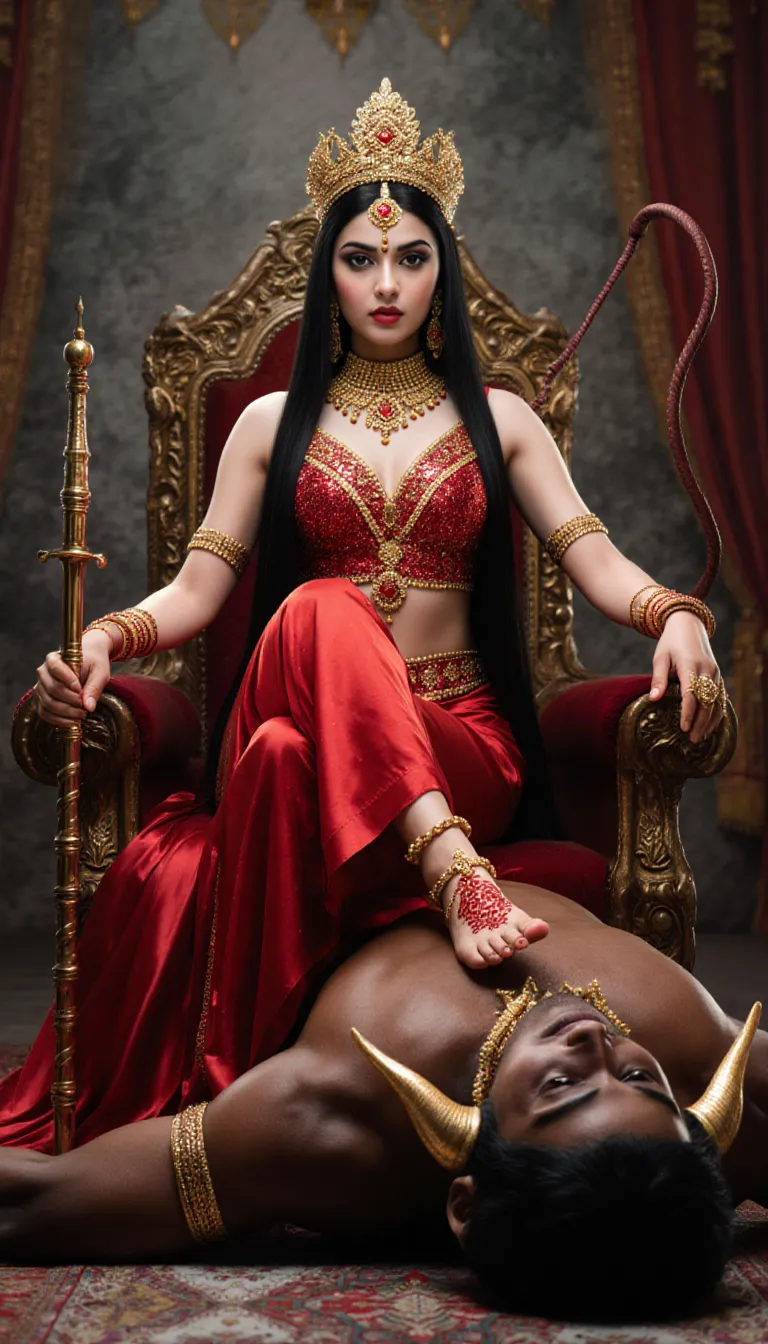 A woman is with his read saree, navel sitting on a throne and a men is sleeping under her leg